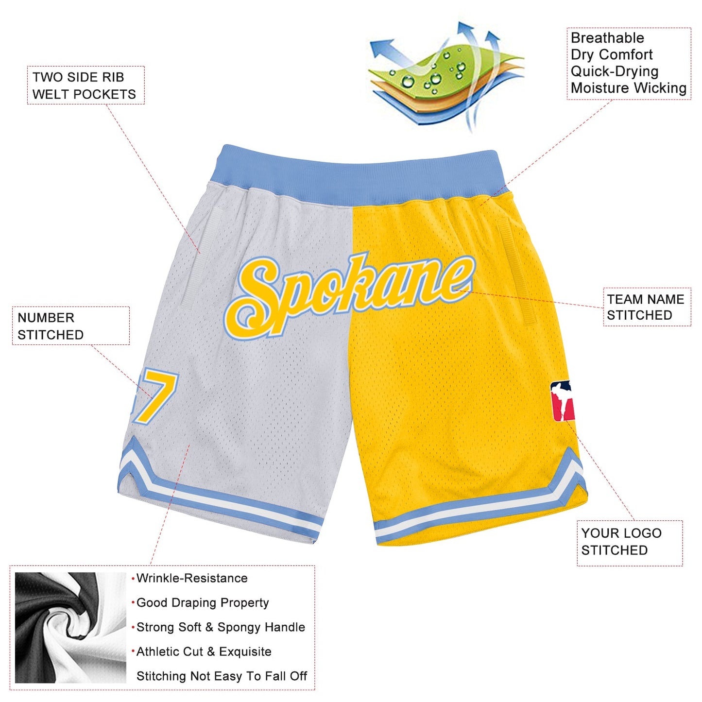 Custom White Gold-Light Blue Authentic Throwback Split Fashion Basketball Shorts view 2