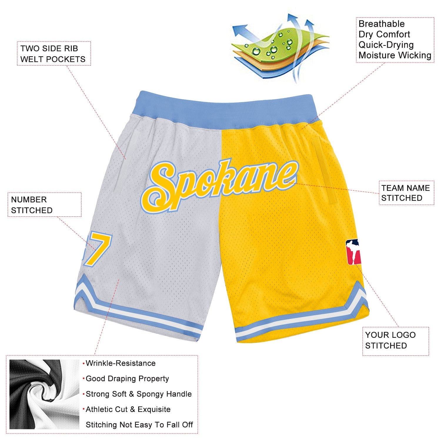 Custom White Gold-Light Blue Authentic Throwback Split Fashion Basketball Shorts view 2