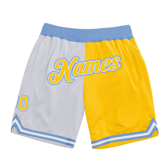 Custom White Gold-Light Blue Authentic Throwback Split Fashion Basketball Shorts - Main View
