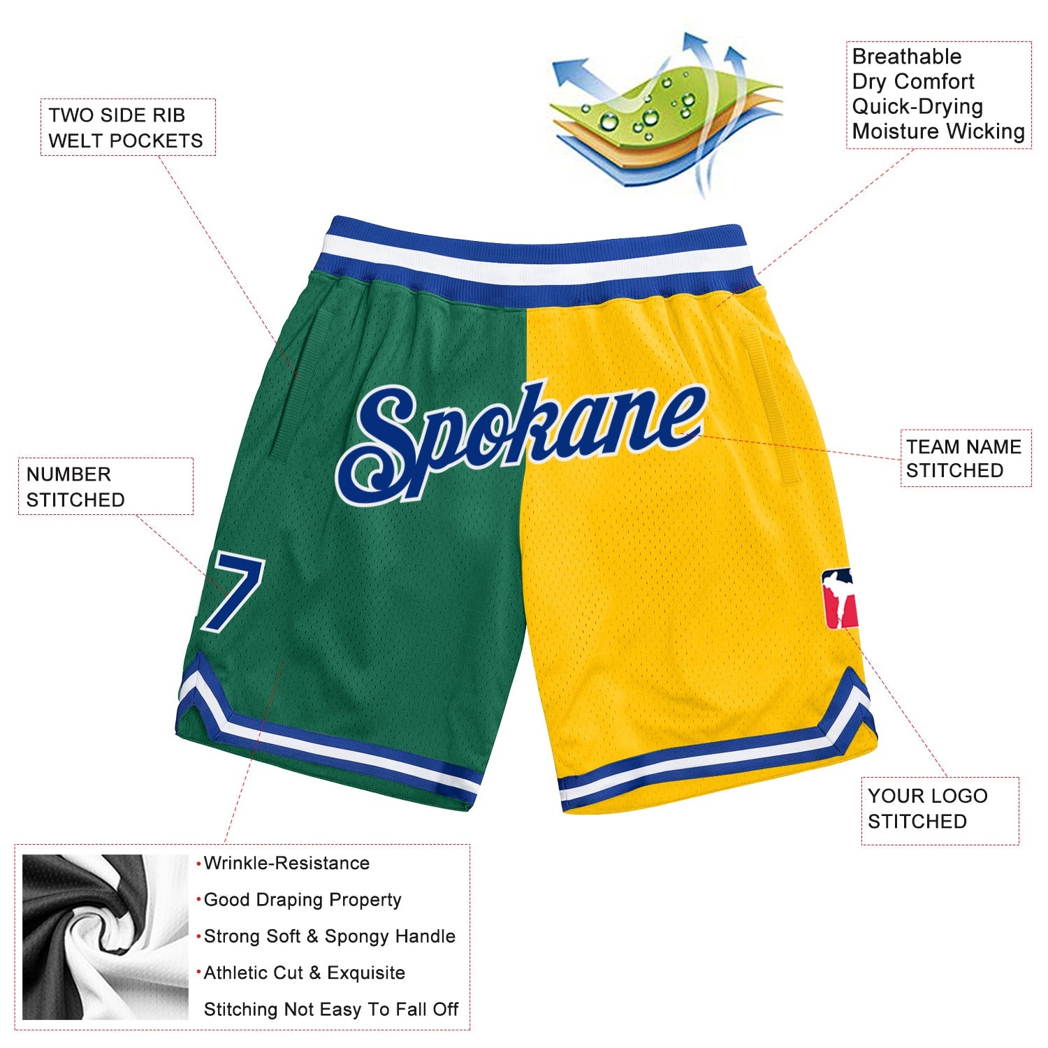 Custom Kelly Green Royal-Gold Authentic Throwback Split Fashion Basketball Shorts view 2