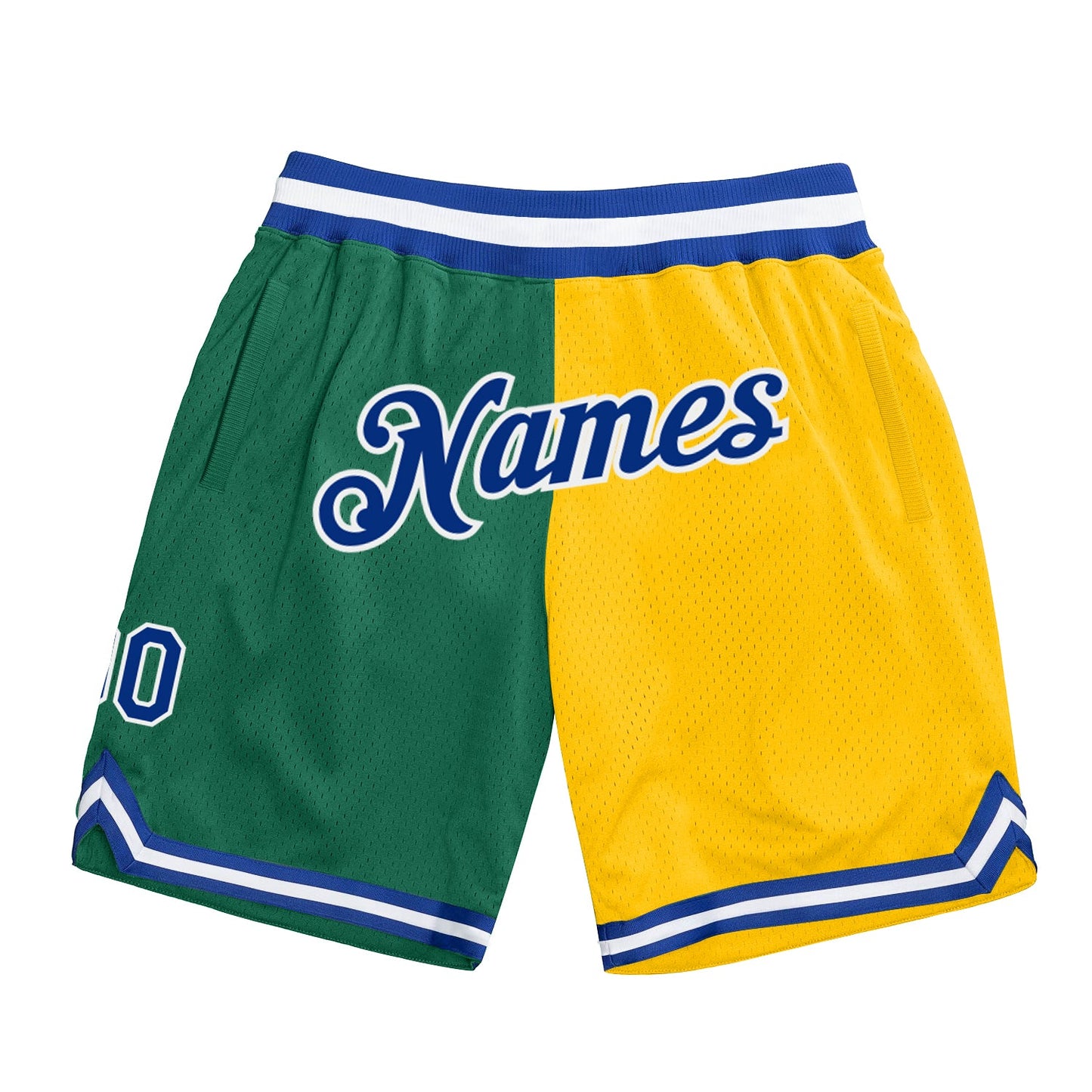 Custom Kelly Green Royal-Gold Authentic Throwback Split Fashion Basketball Shorts - Main View