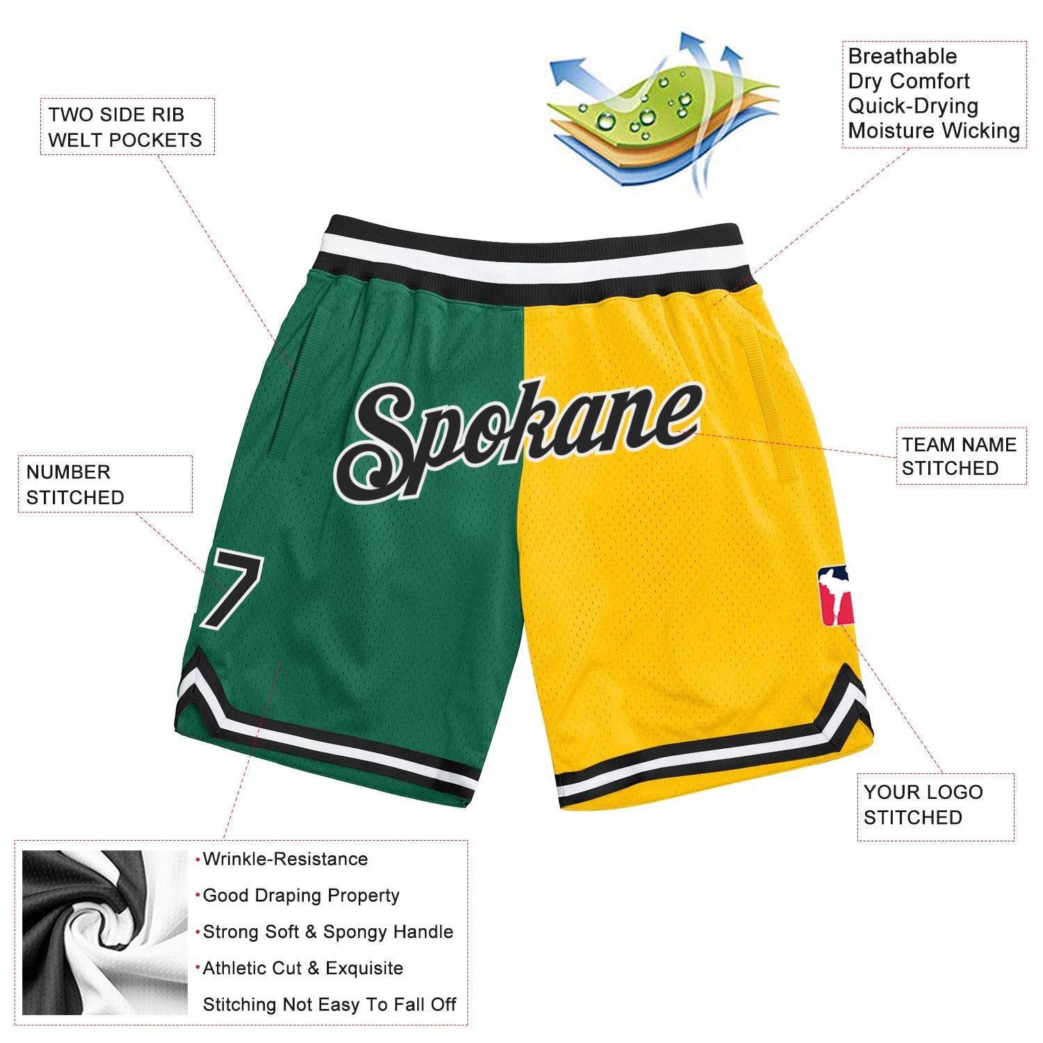 Custom Kelly Green Black-Gold Authentic Throwback Split Fashion Basketball Shorts view 2