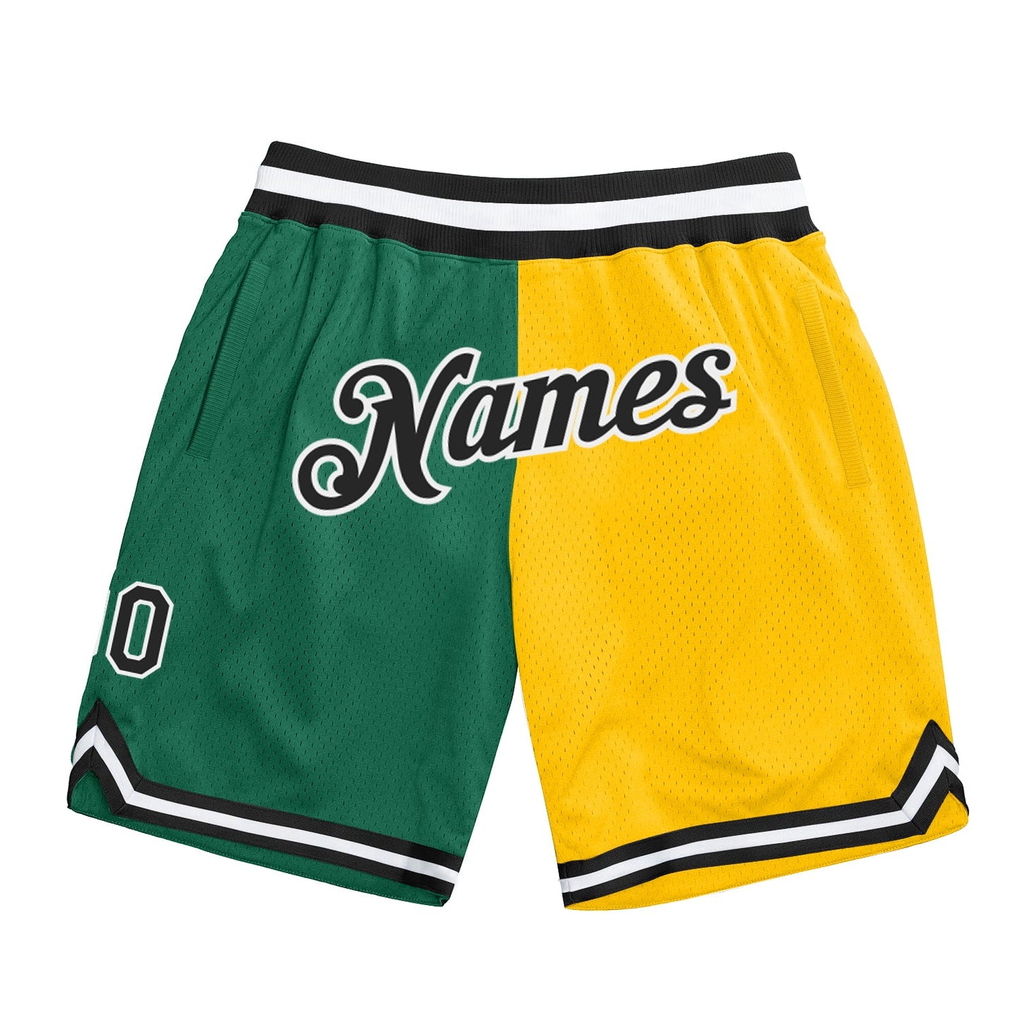 Custom Kelly Green Black-Gold Authentic Throwback Split Fashion Basketball Shorts - Main View