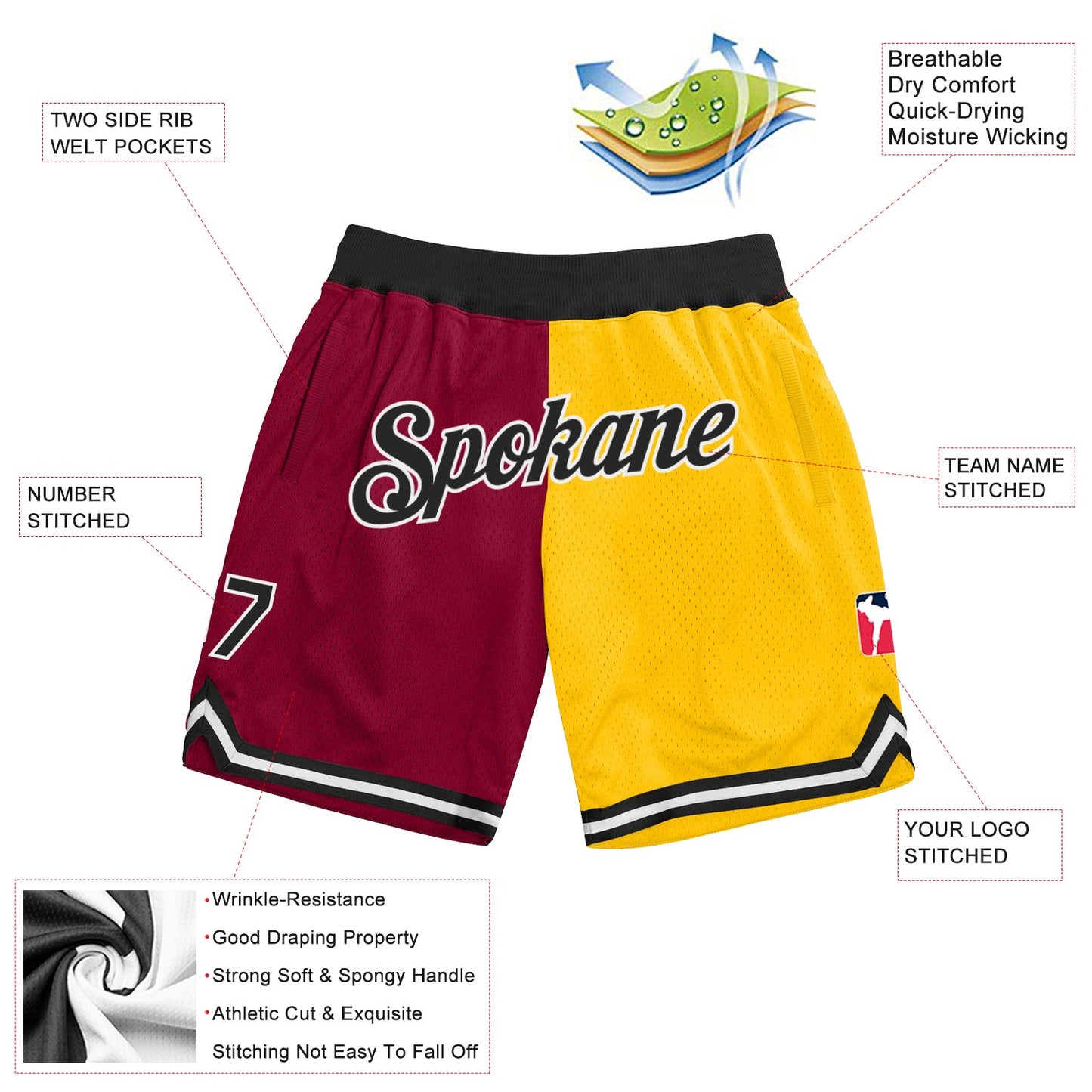 Custom Maroon Black-Gold Authentic Throwback Split Fashion Basketball Shorts view 2