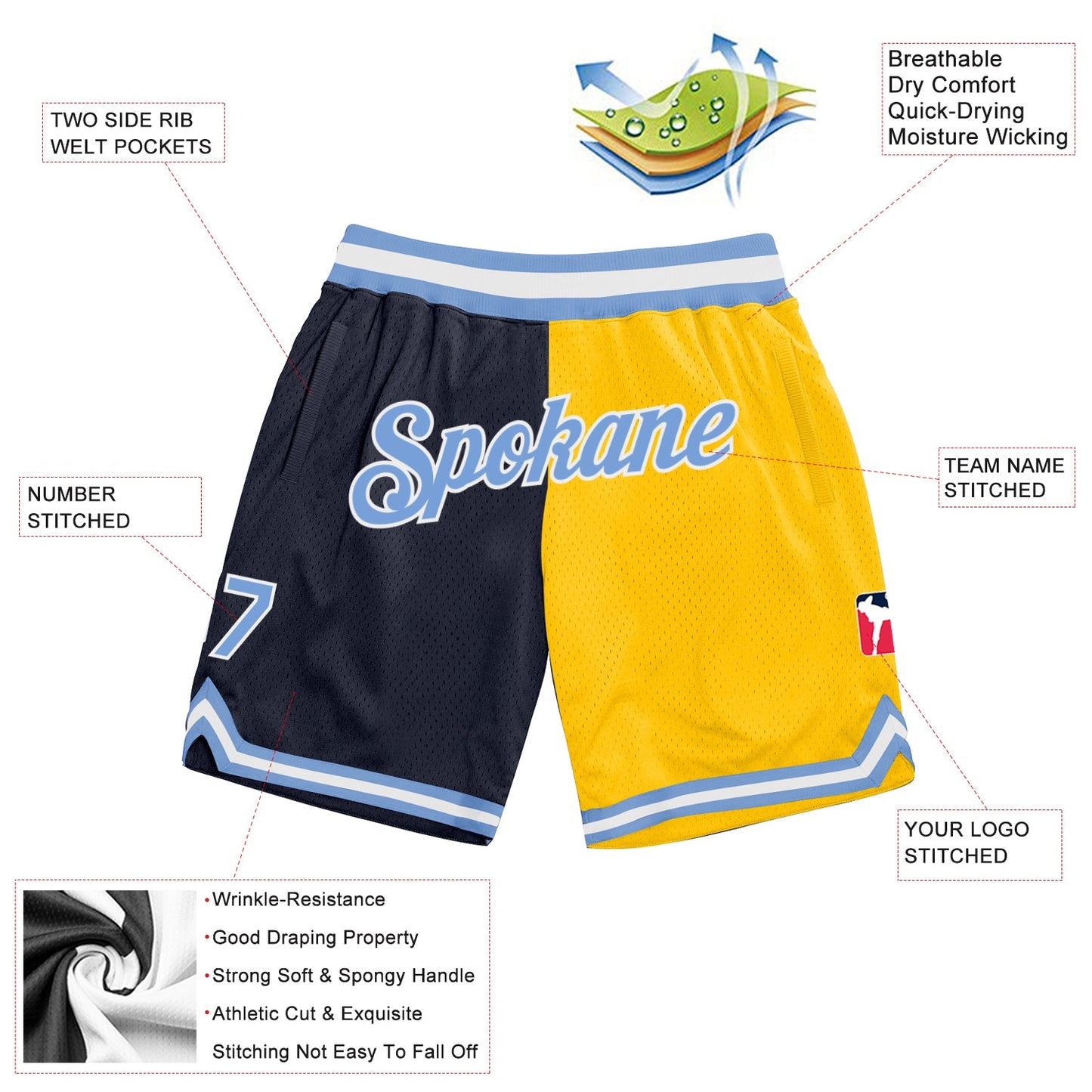 Custom Navy Light Blue-Gold Authentic Throwback Split Fashion Basketball Shorts view 2
