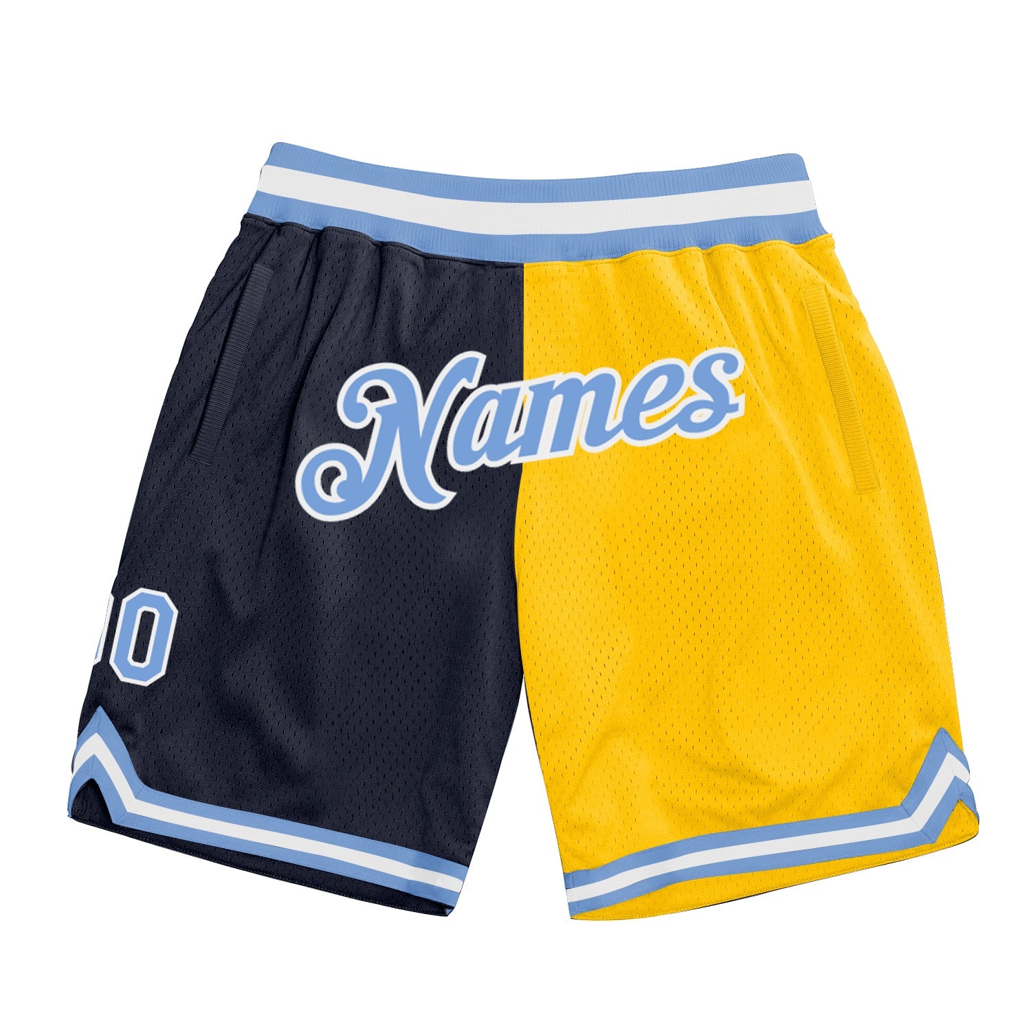 Custom Navy Light Blue-Gold Authentic Throwback Split Fashion Basketball Shorts - Main View
