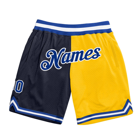 Custom Navy Royal-Gold Authentic Throwback Split Fashion Basketball Shorts - Main View