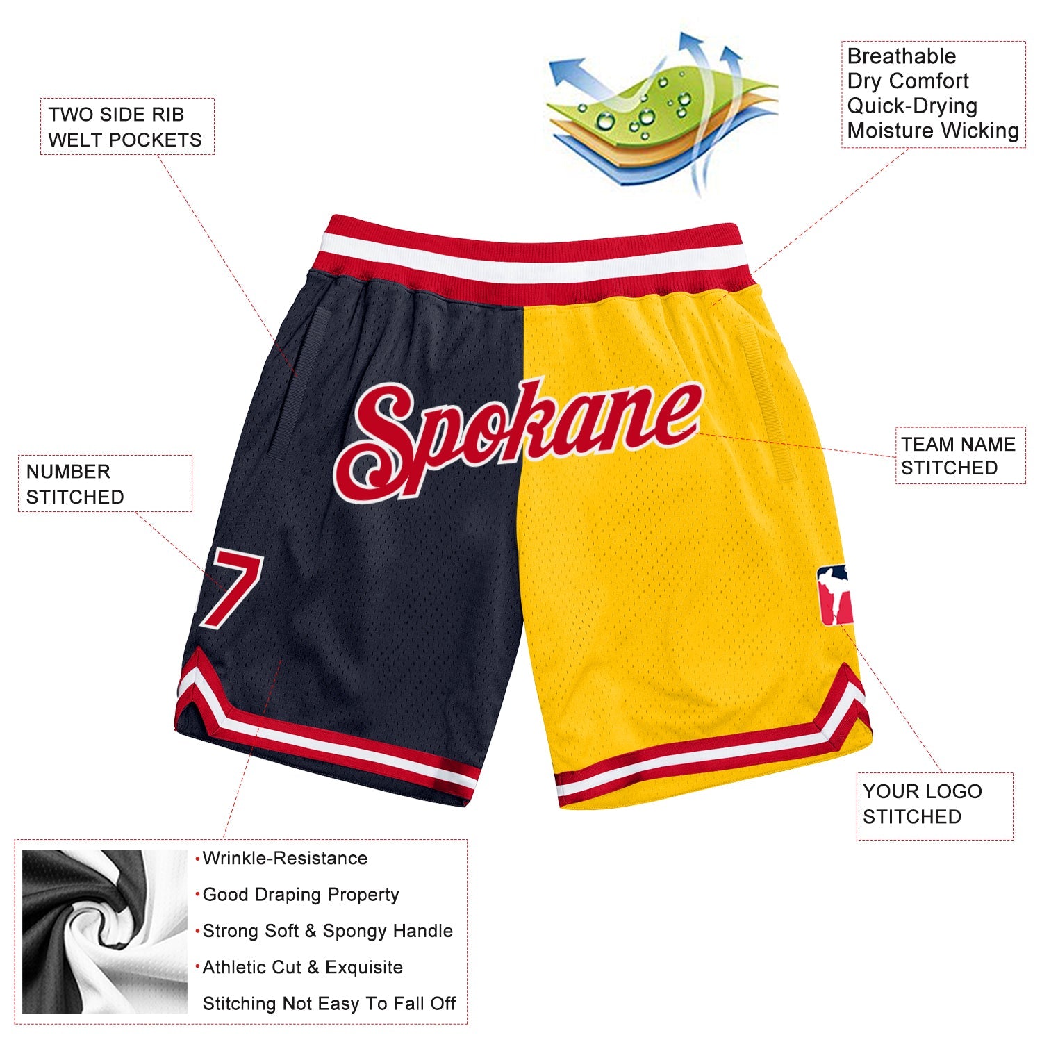 Custom Navy Red-Gold Authentic Throwback Split Fashion Basketball Shorts view 2