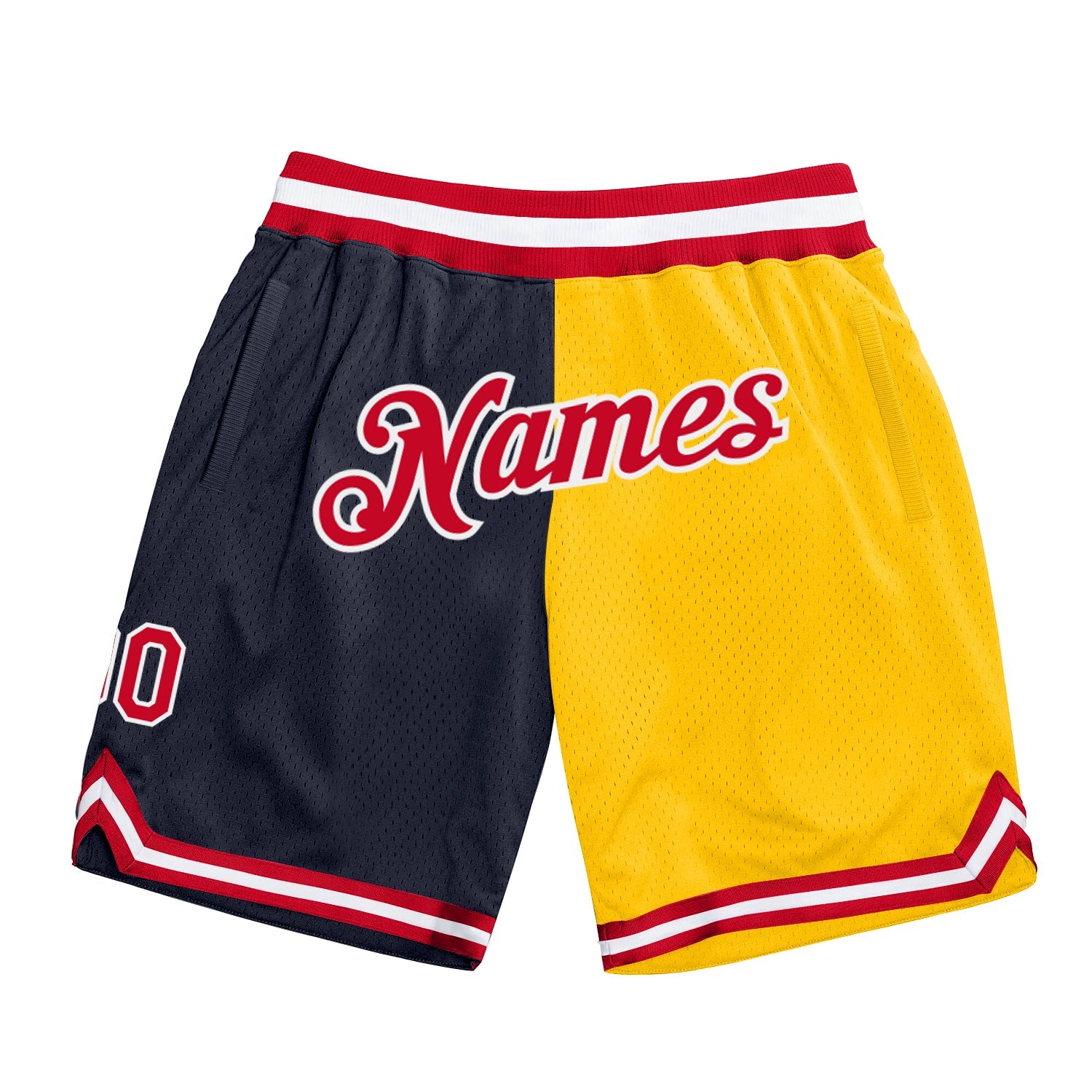 Custom Navy Red-Gold Authentic Throwback Split Fashion Basketball Shorts - Main View