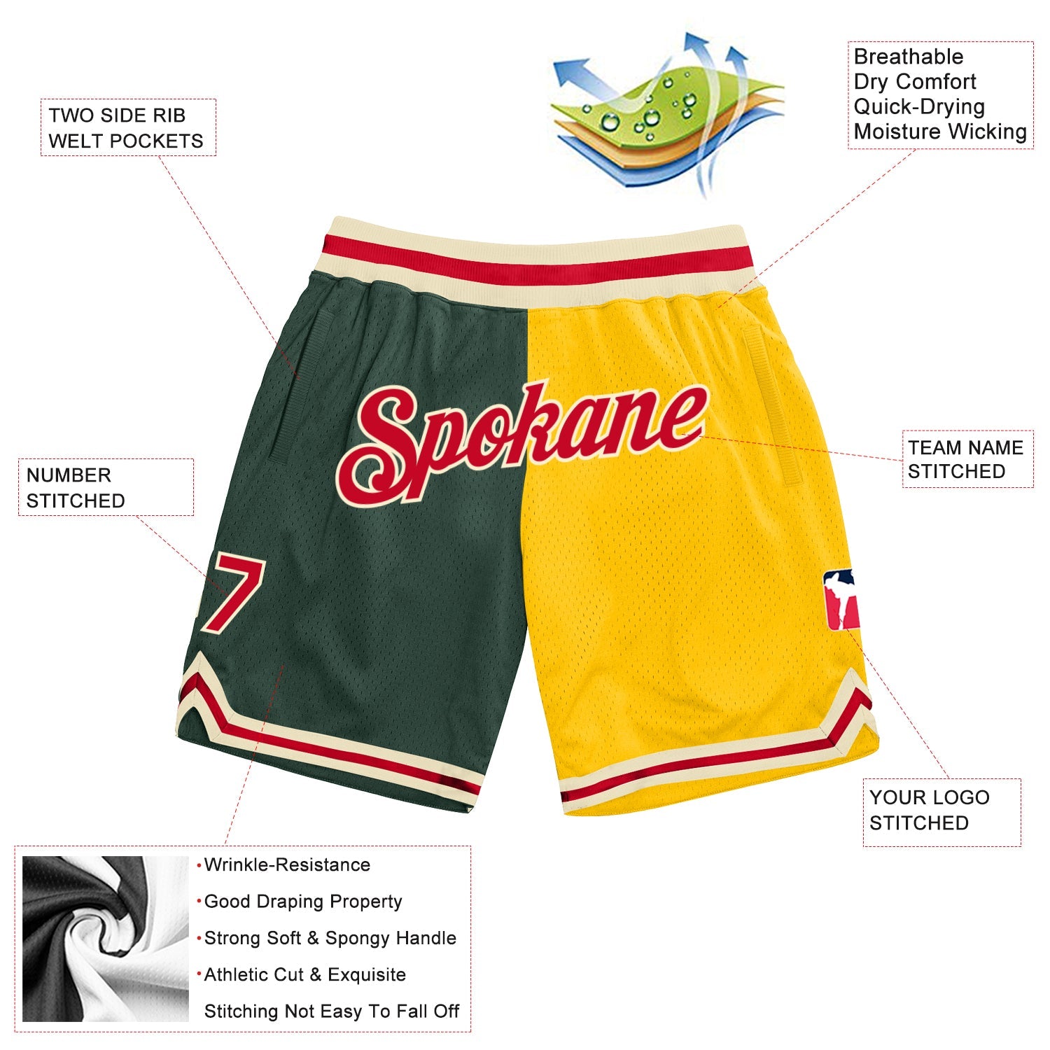 Custom Hunter Green Red-Gold Authentic Throwback Split Fashion Basketball Shorts view 2