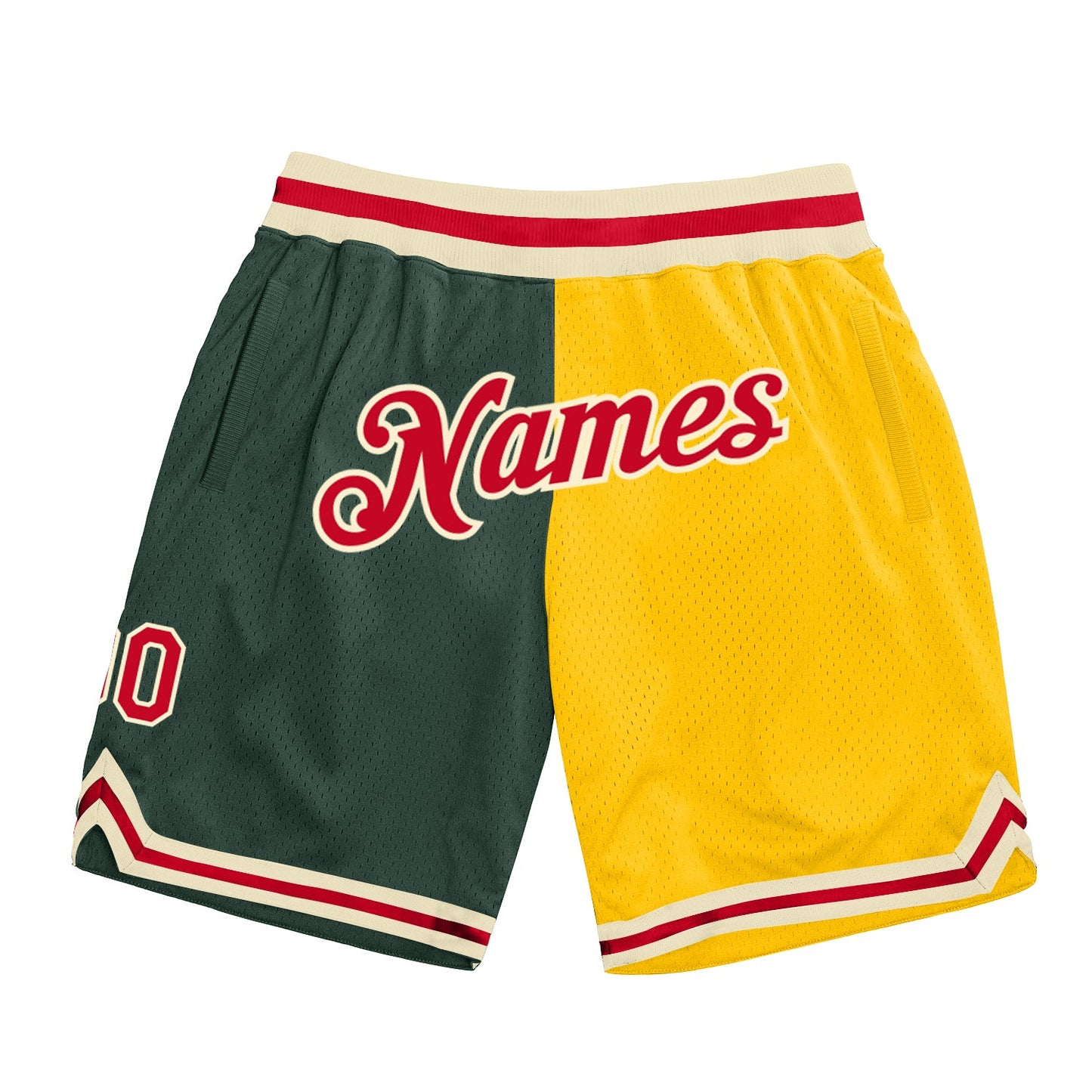 Custom Hunter Green Red-Gold Authentic Throwback Split Fashion Basketball Shorts - Main View