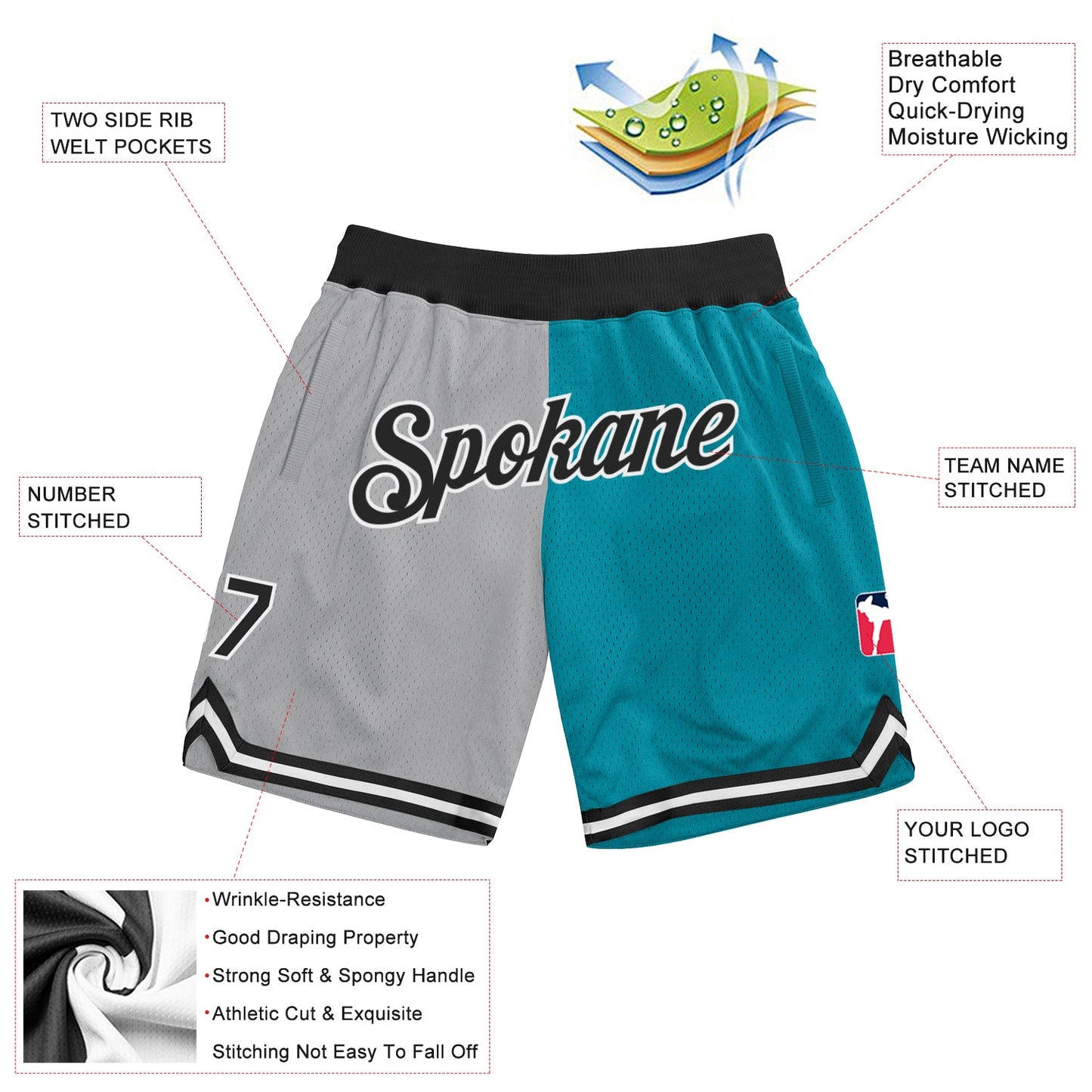 Custom Gray Black-Teal Authentic Throwback Split Fashion Basketball Shorts view 2