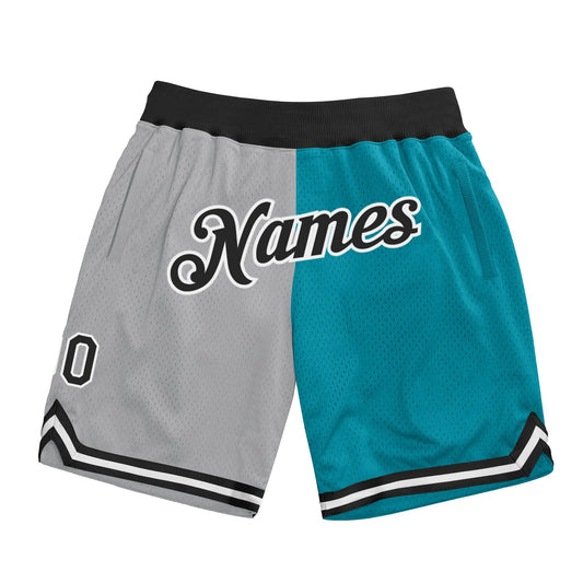 Custom Gray Black-Teal Authentic Throwback Split Fashion Basketball Shorts - Main View