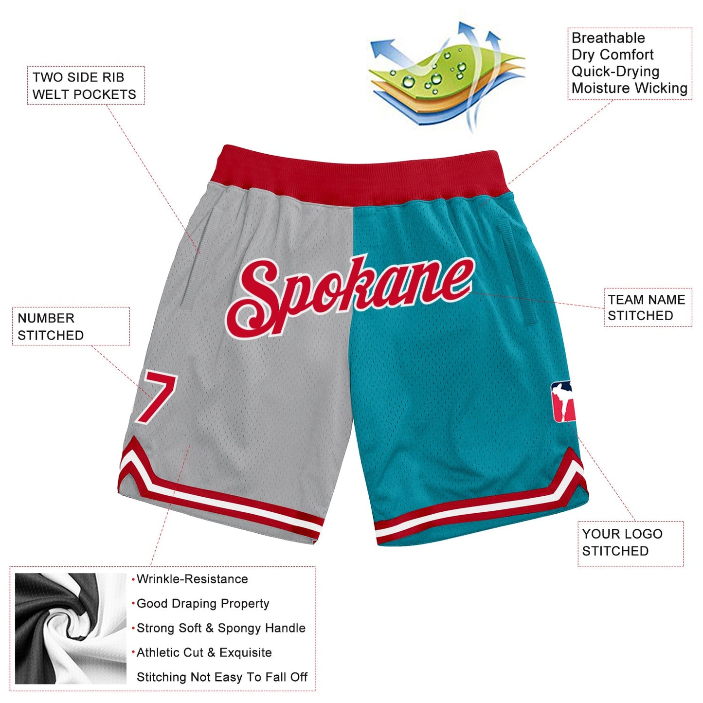 Custom Gray Red-Teal Authentic Throwback Split Fashion Basketball Shorts view 2