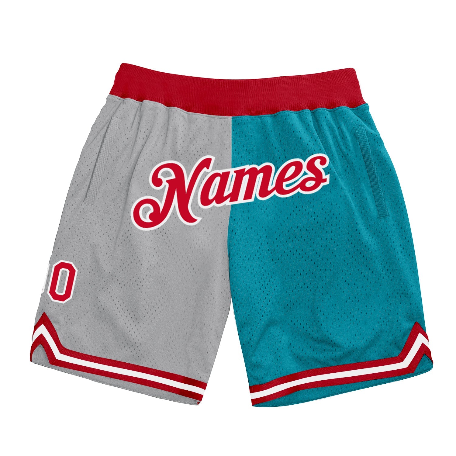 Custom Gray Red-Teal Authentic Throwback Split Fashion Basketball Shorts - Main View