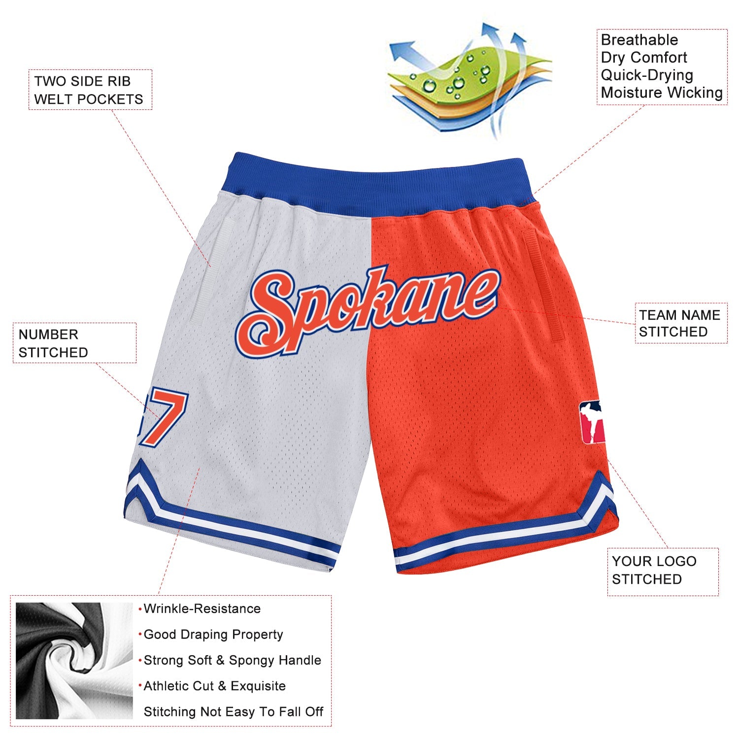 Custom White Orange-Royal Authentic Throwback Split Fashion Basketball Shorts view 2