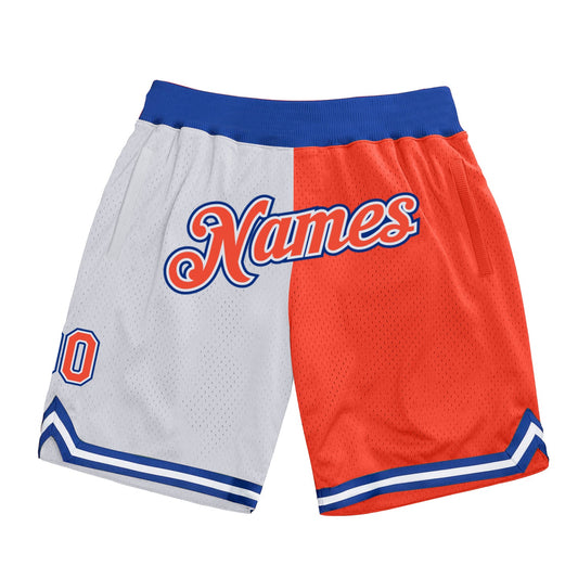 Custom White Orange-Royal Authentic Throwback Split Fashion Basketball Shorts - Main View