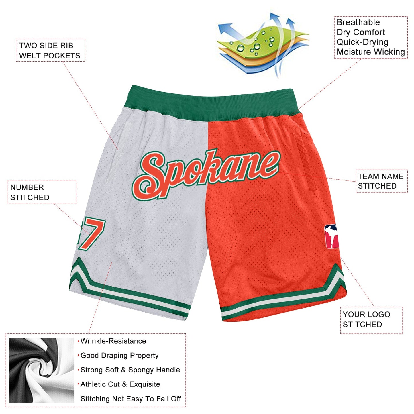 Custom White Orange-Kelly Green Authentic Throwback Split Fashion Basketball Shorts view 2