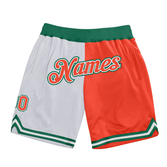 Custom White Orange-Kelly Green Authentic Throwback Split Fashion Basketball Shorts - Main View
