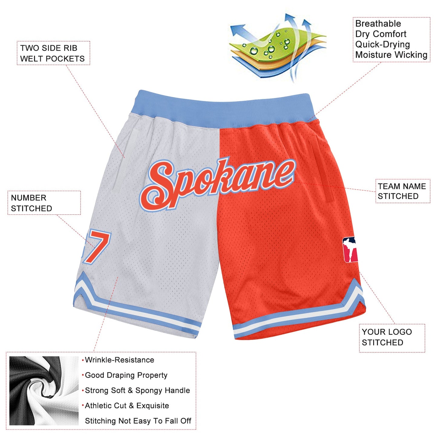 Custom White Orange-Light Blue Authentic Throwback Split Fashion Basketball Shorts view 2