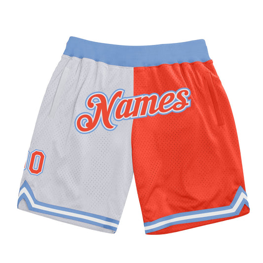 Custom White Orange-Light Blue Authentic Throwback Split Fashion Basketball Shorts - Main View