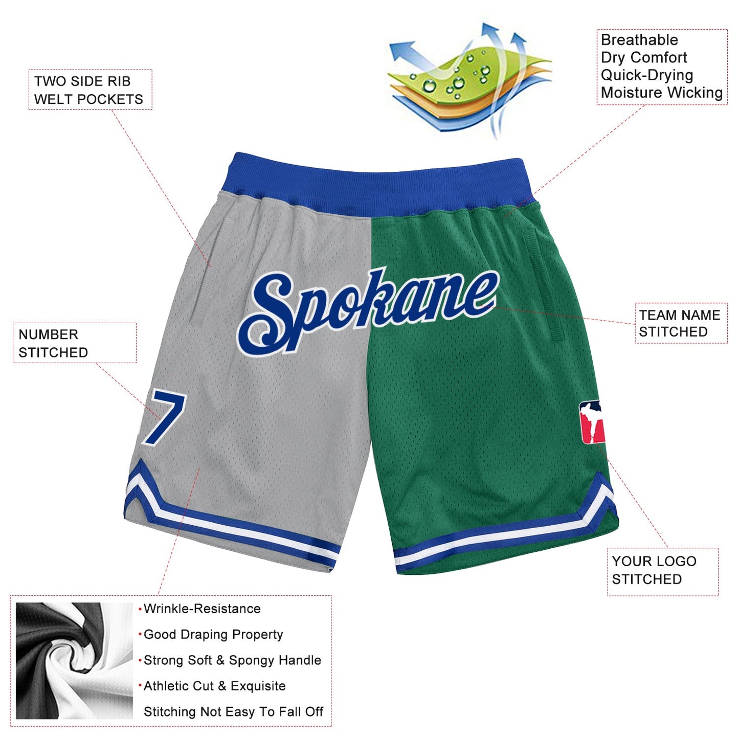 Custom Gray Royal-Kelly Green Authentic Throwback Split Fashion Basketball Shorts view 2