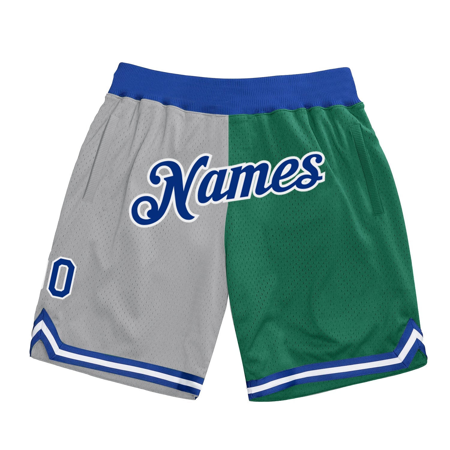 Custom Gray Royal-Kelly Green Authentic Throwback Split Fashion Basketball Shorts - Main View