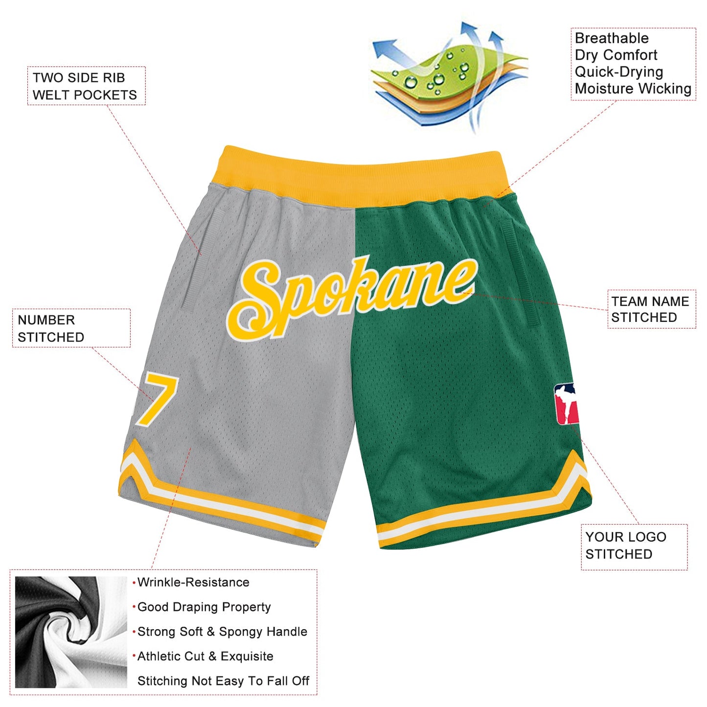 Custom Gray Gold-Kelly Green Authentic Throwback Split Fashion Basketball Shorts view 2
