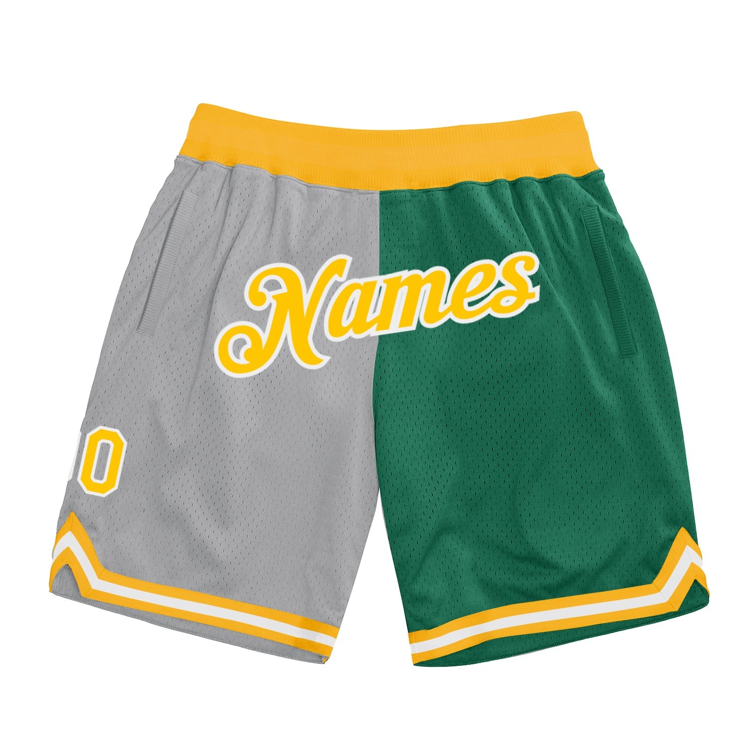 Custom Gray Gold-Kelly Green Authentic Throwback Split Fashion Basketball Shorts - Main View