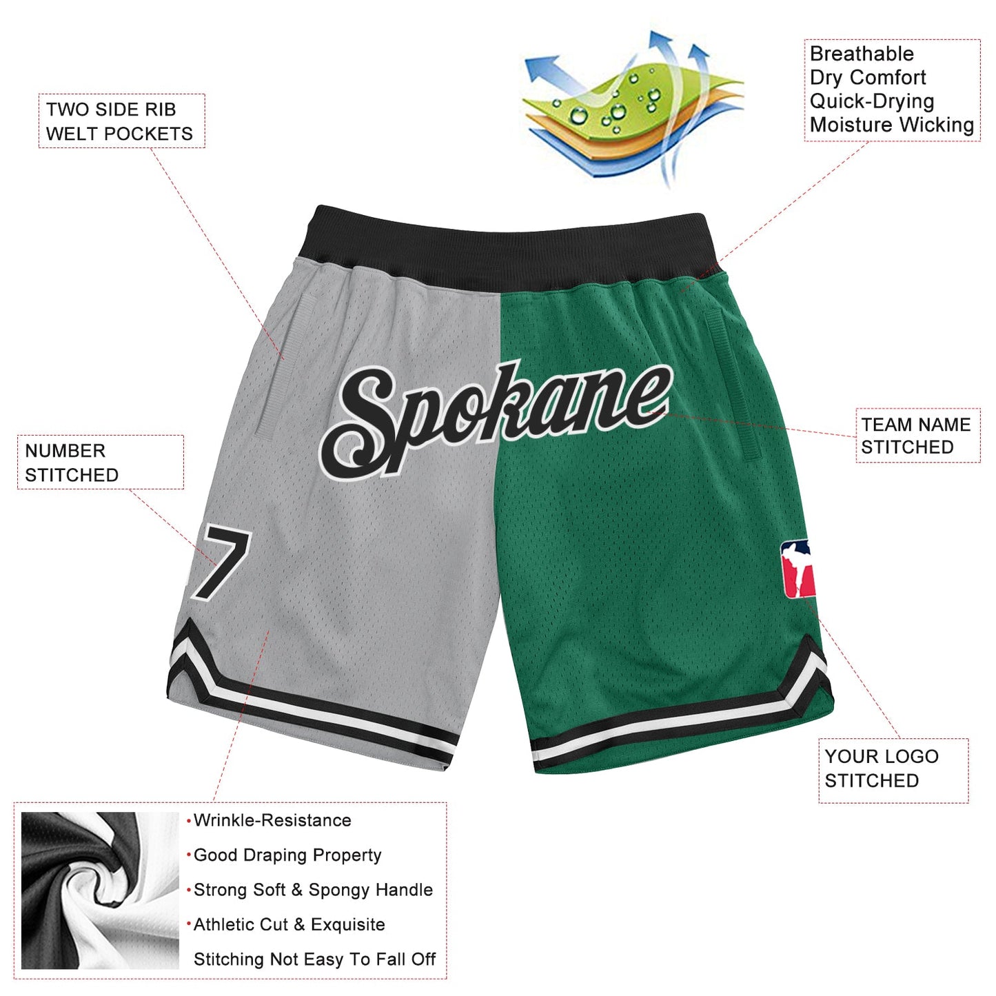 Custom Gray Black-Kelly Green Authentic Throwback Split Fashion Basketball Shorts view 2