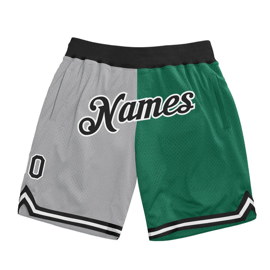 Custom Gray Black-Kelly Green Authentic Throwback Split Fashion Basketball Shorts - Main View