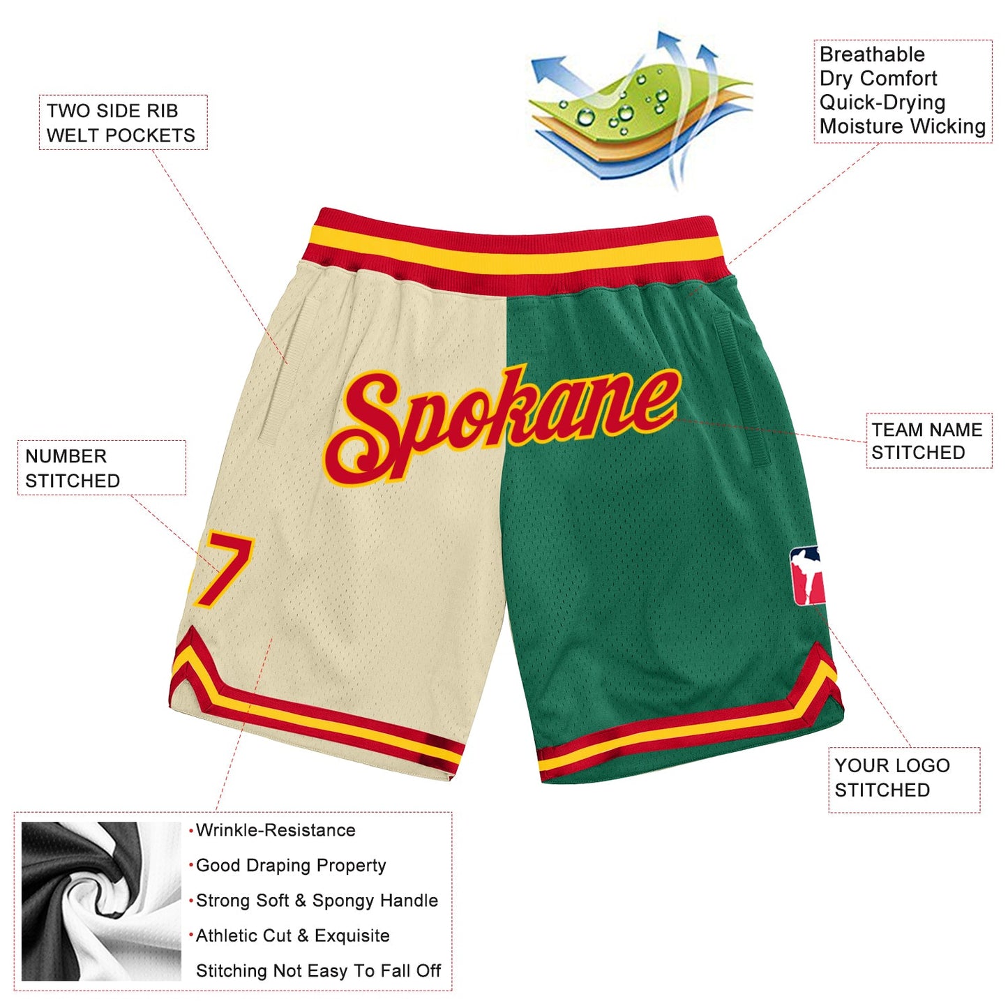 Custom Cream Red-Kelly Green Authentic Throwback Split Fashion Basketball Shorts view 2