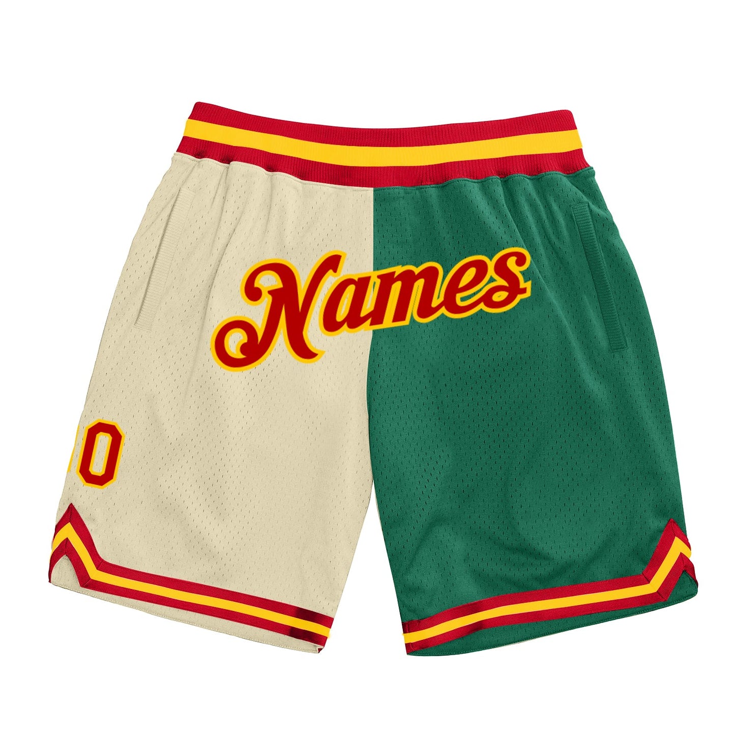 Custom Cream Red-Kelly Green Authentic Throwback Split Fashion Basketball Shorts - Main View