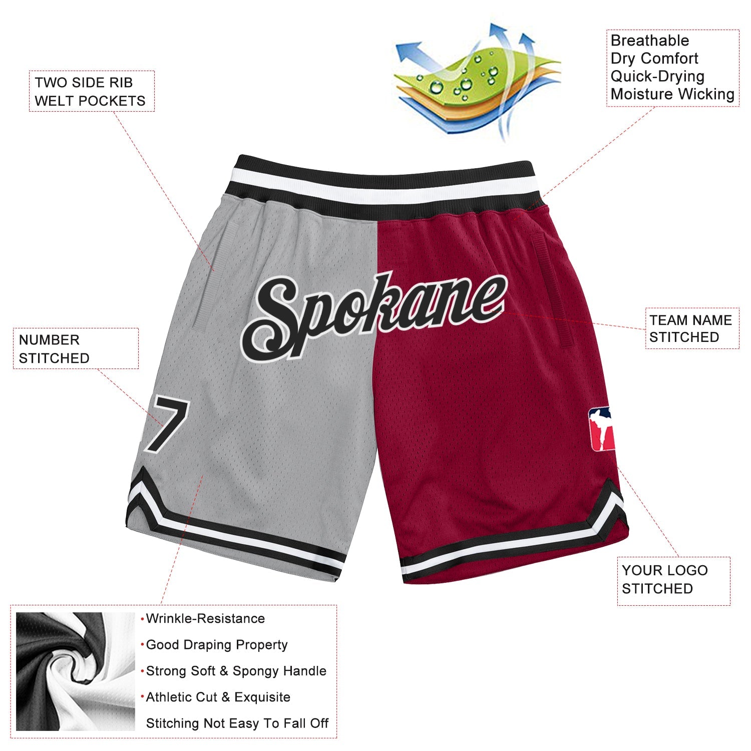 Custom Gray Black-Maroon Authentic Throwback Split Fashion Basketball Shorts view 2