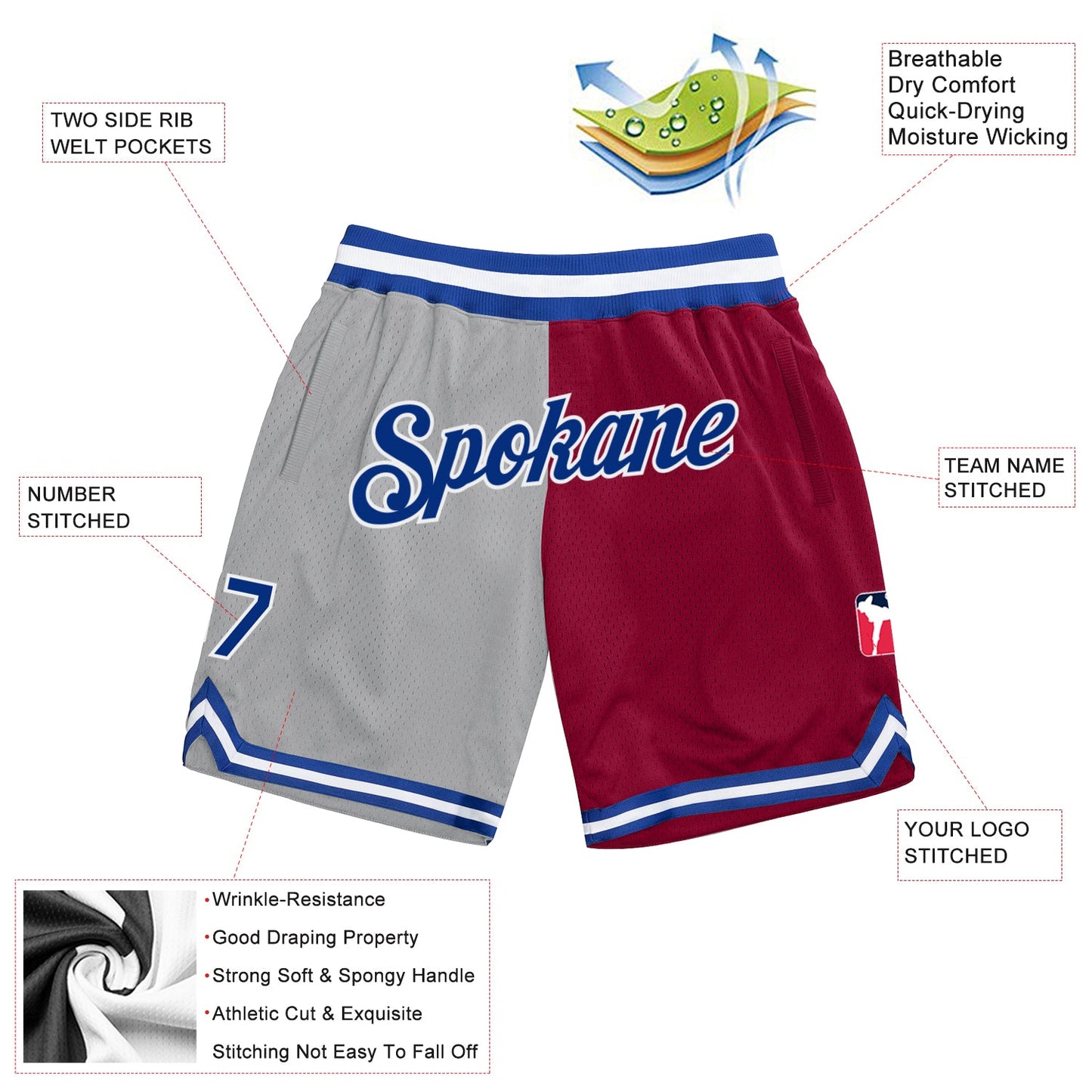 Custom Gray Royal-Maroon Authentic Throwback Split Fashion Basketball Shorts view 2