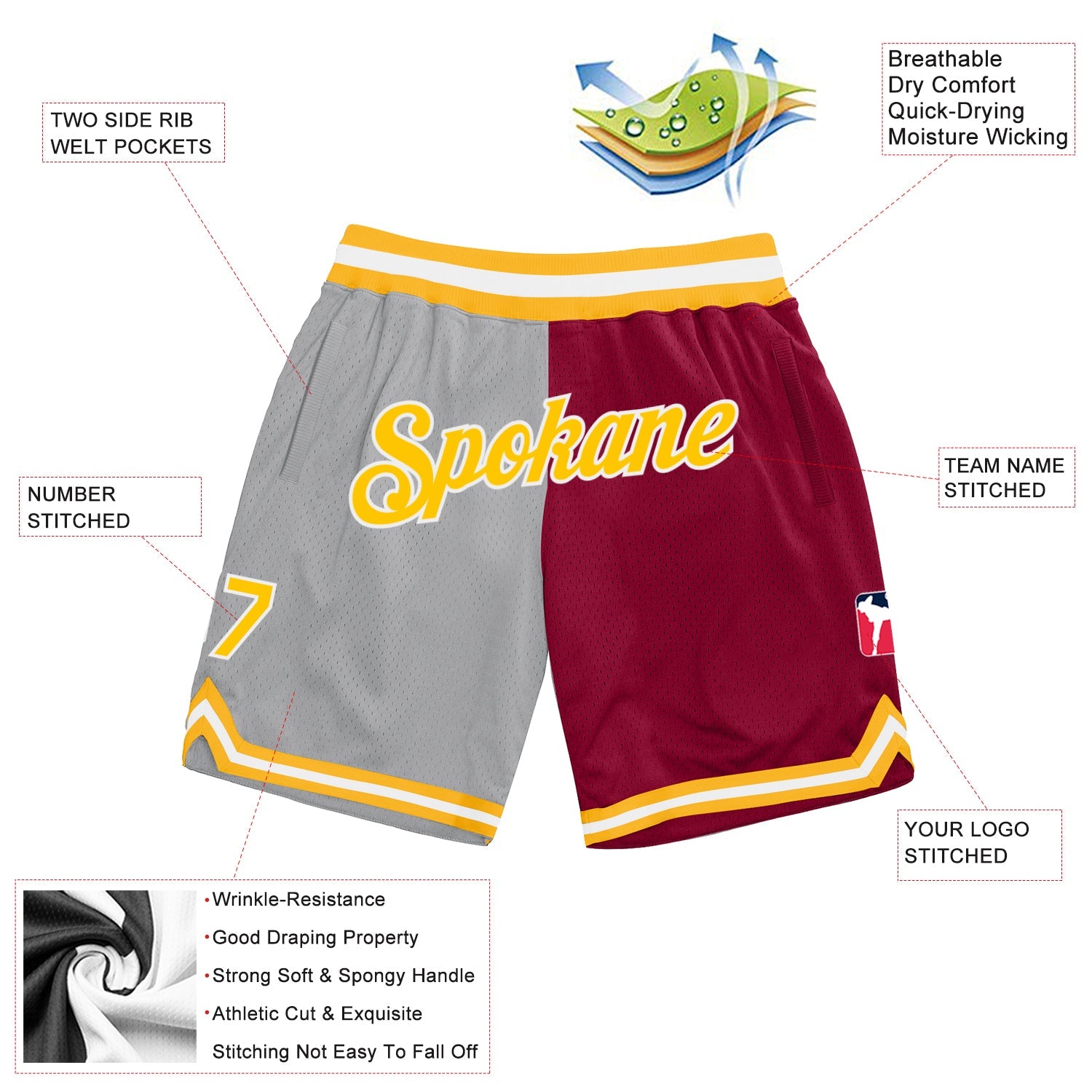 Custom Gray Gold-Maroon Authentic Throwback Split Fashion Basketball Shorts view 2