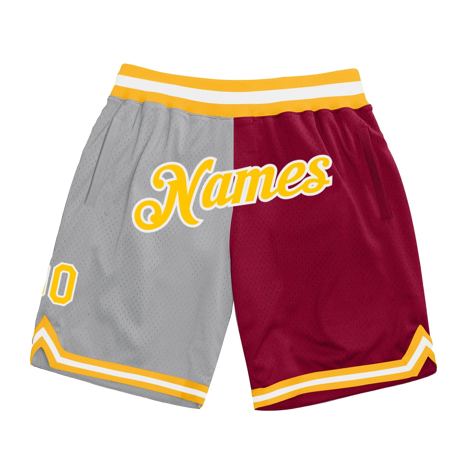 Custom Gray Gold-Maroon Authentic Throwback Split Fashion Basketball Shorts - Main View