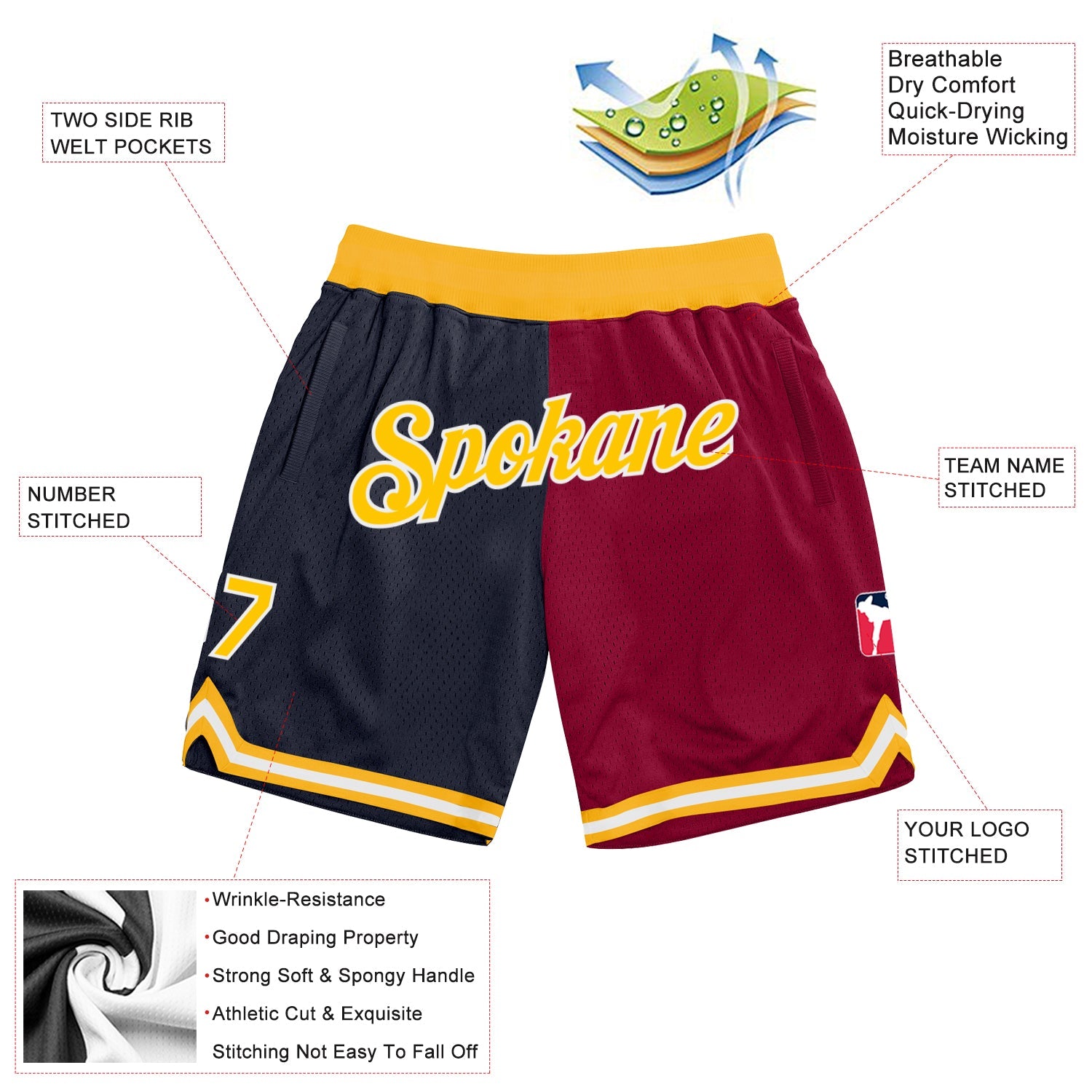 Custom Navy Gold-Maroon Authentic Throwback Split Fashion Basketball Shorts view 2