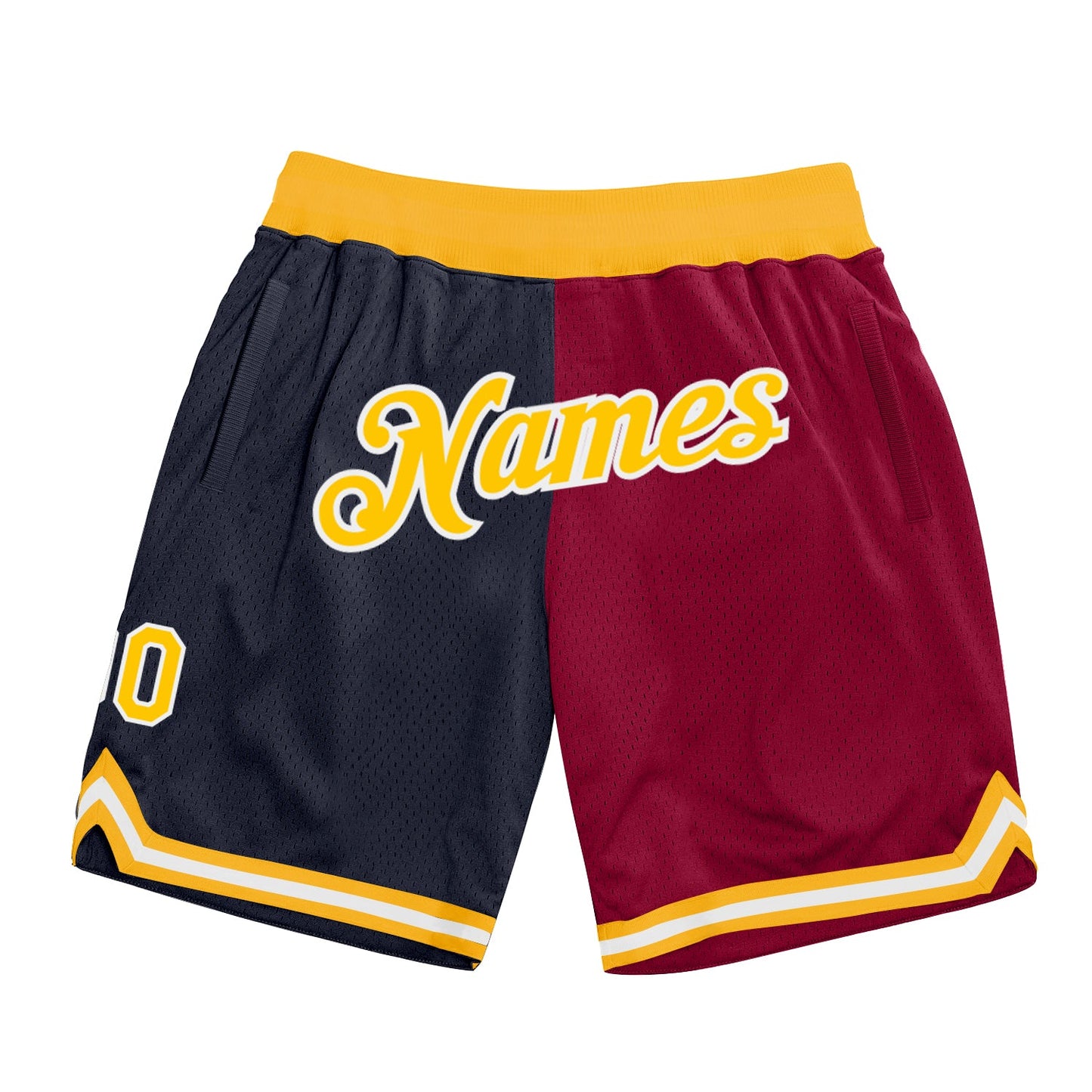 Custom Navy Gold-Maroon Authentic Throwback Split Fashion Basketball Shorts - Main View