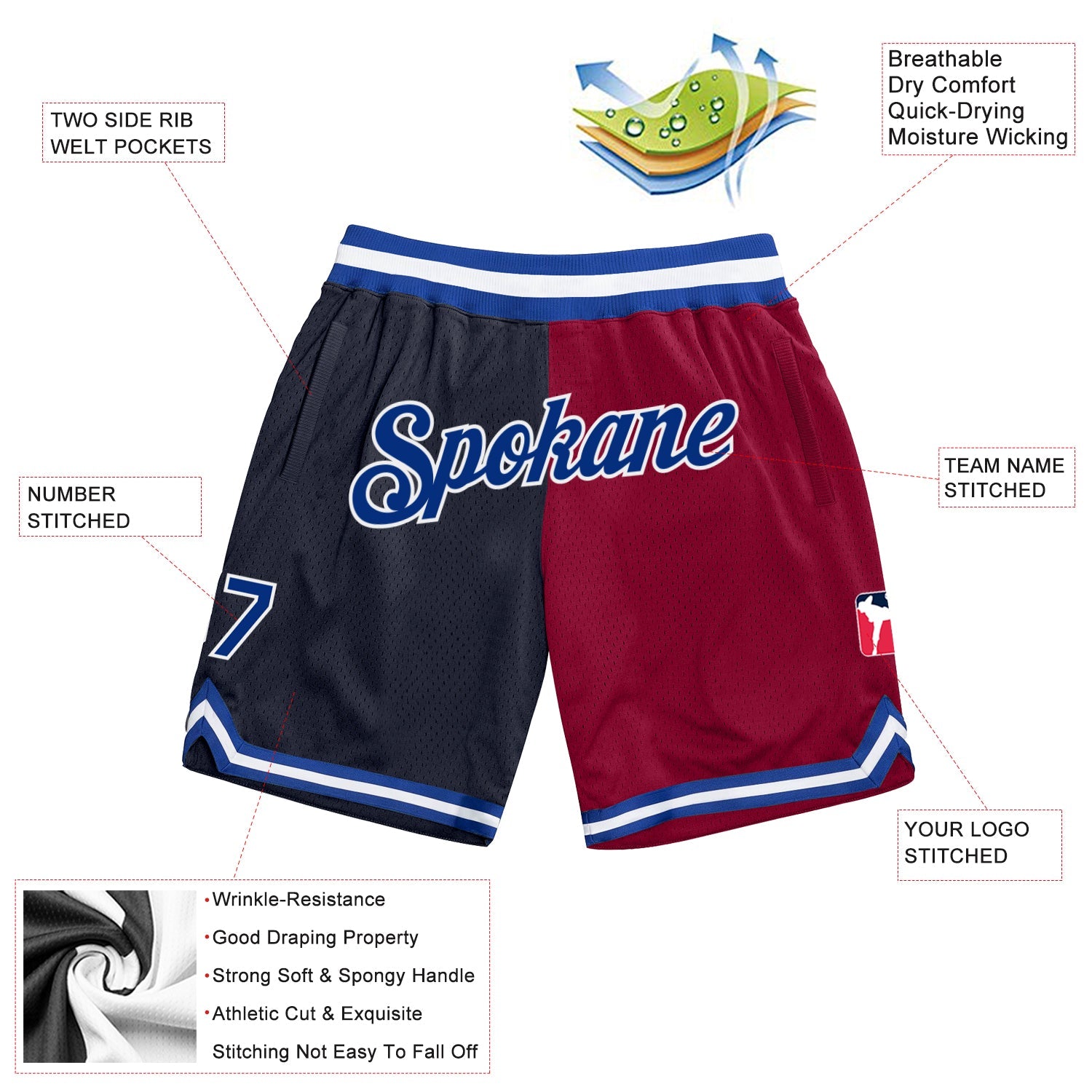 Custom Navy Royal-Maroon Authentic Throwback Split Fashion Basketball Shorts view 2
