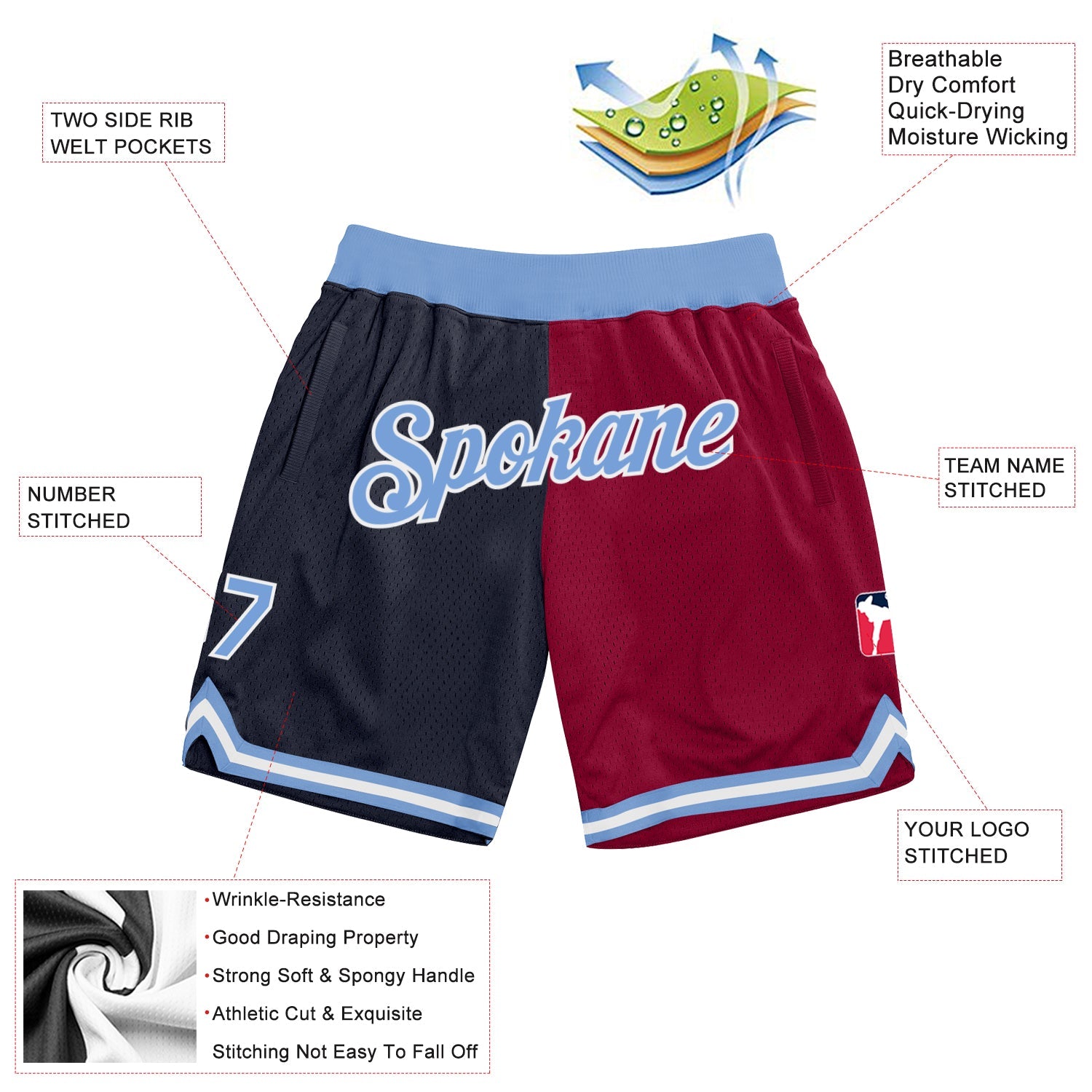 Custom Navy Light Blue-Maroon Authentic Throwback Split Fashion Basketball Shorts view 2