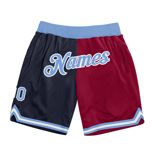 Custom Navy Light Blue-Maroon Authentic Throwback Split Fashion Basketball Shorts - Main View