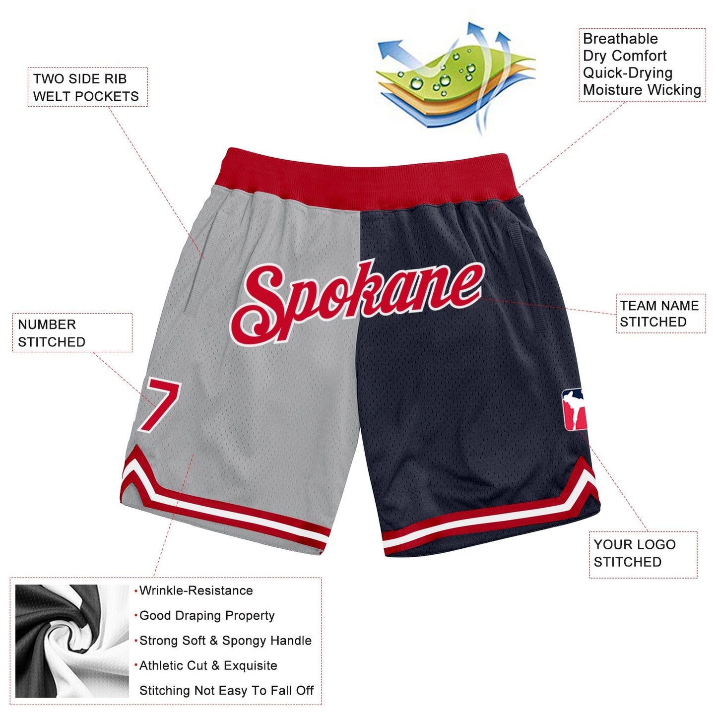 Custom Gray Red-Navy Authentic Throwback Split Fashion Basketball Shorts view 2