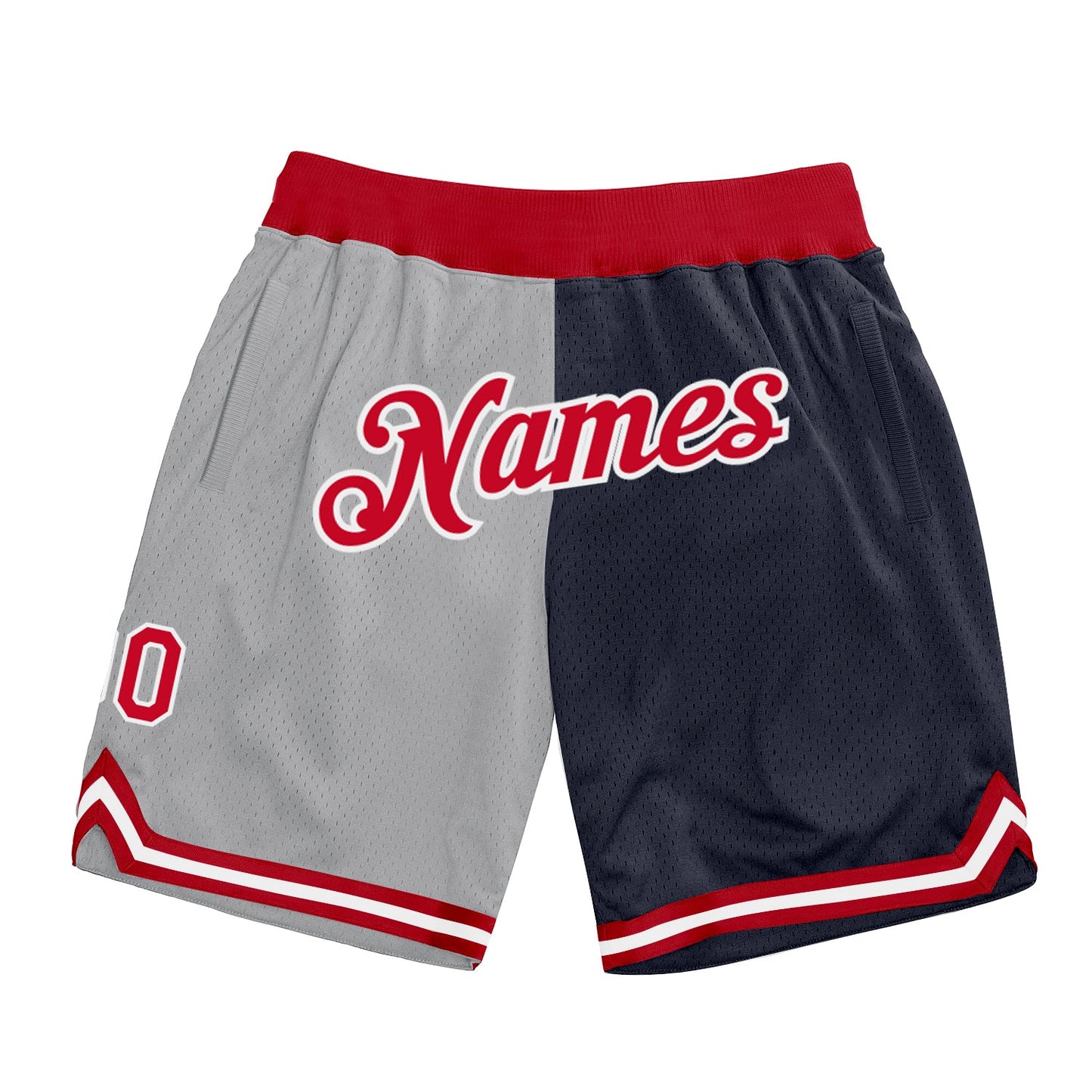 Custom Gray Red-Navy Authentic Throwback Split Fashion Basketball Shorts - Main View