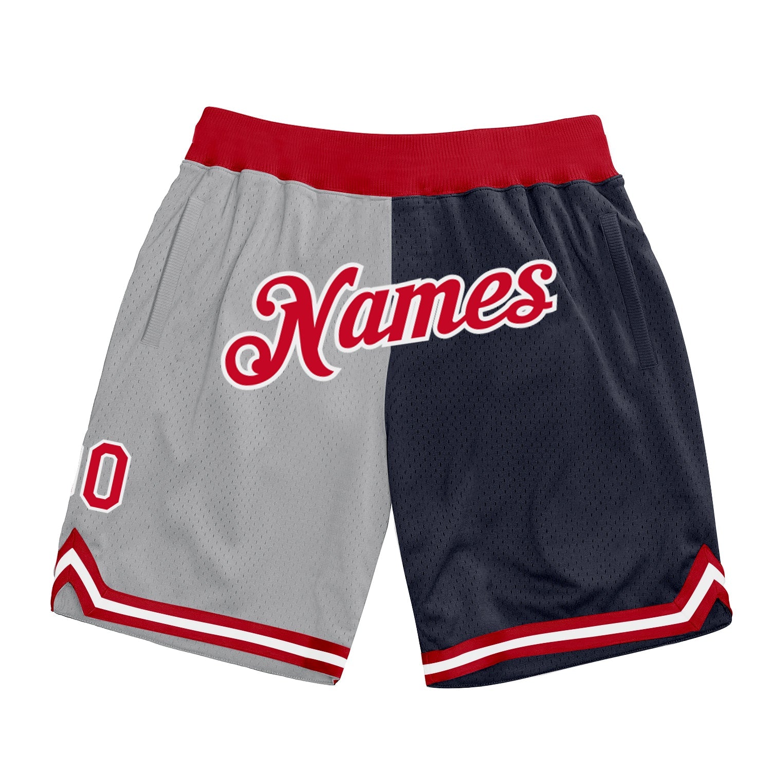 Custom Gray Red-Navy Authentic Throwback Split Fashion Basketball Shorts - Main View
