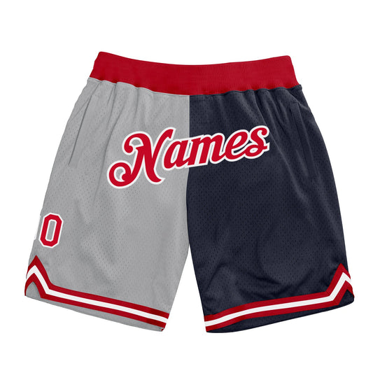 Custom Gray Red-Navy Authentic Throwback Split Fashion Basketball Shorts - Main View