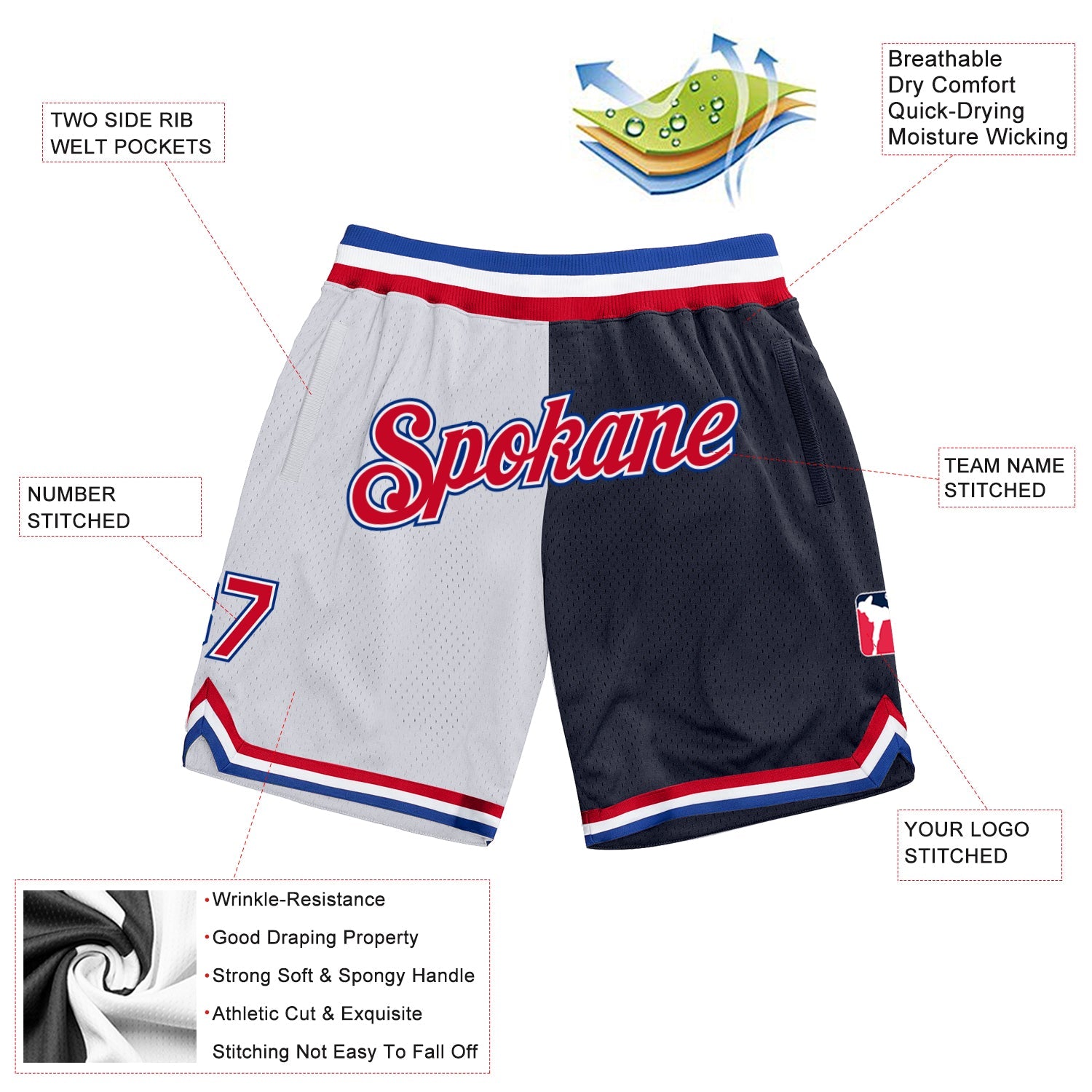 Custom White Red-Navy Authentic Throwback Split Fashion Basketball Shorts view 2