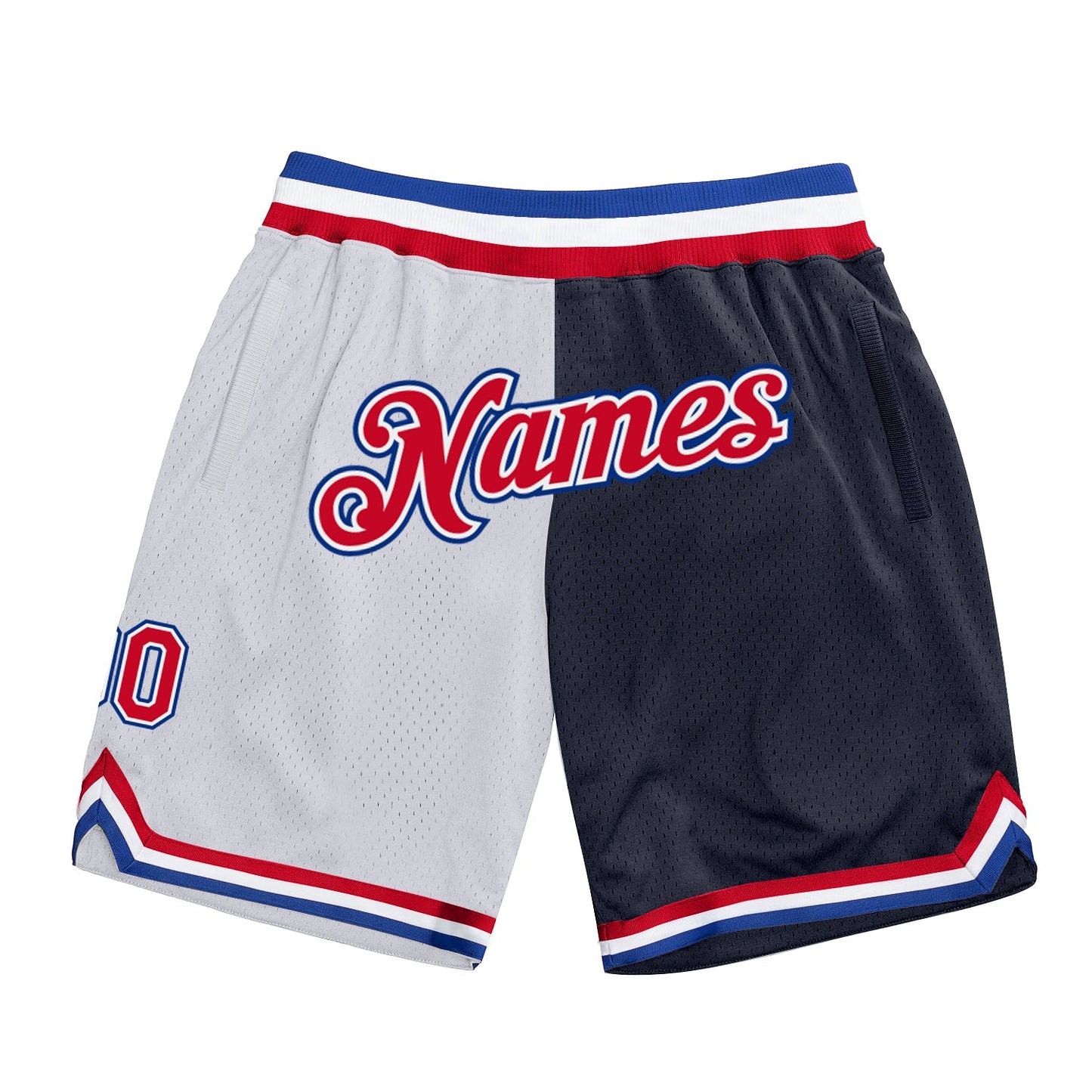 Custom White Red-Navy Authentic Throwback Split Fashion Basketball Shorts - Main View