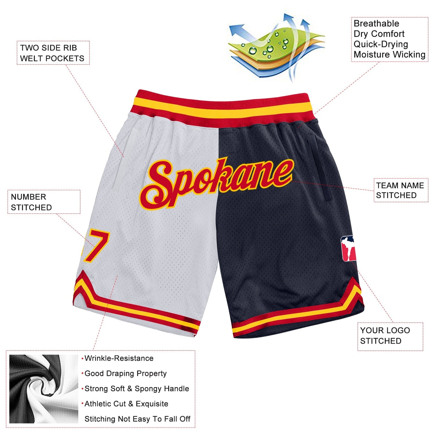 Custom White Red-Navy Authentic Throwback Split Fashion Basketball Shorts view 2