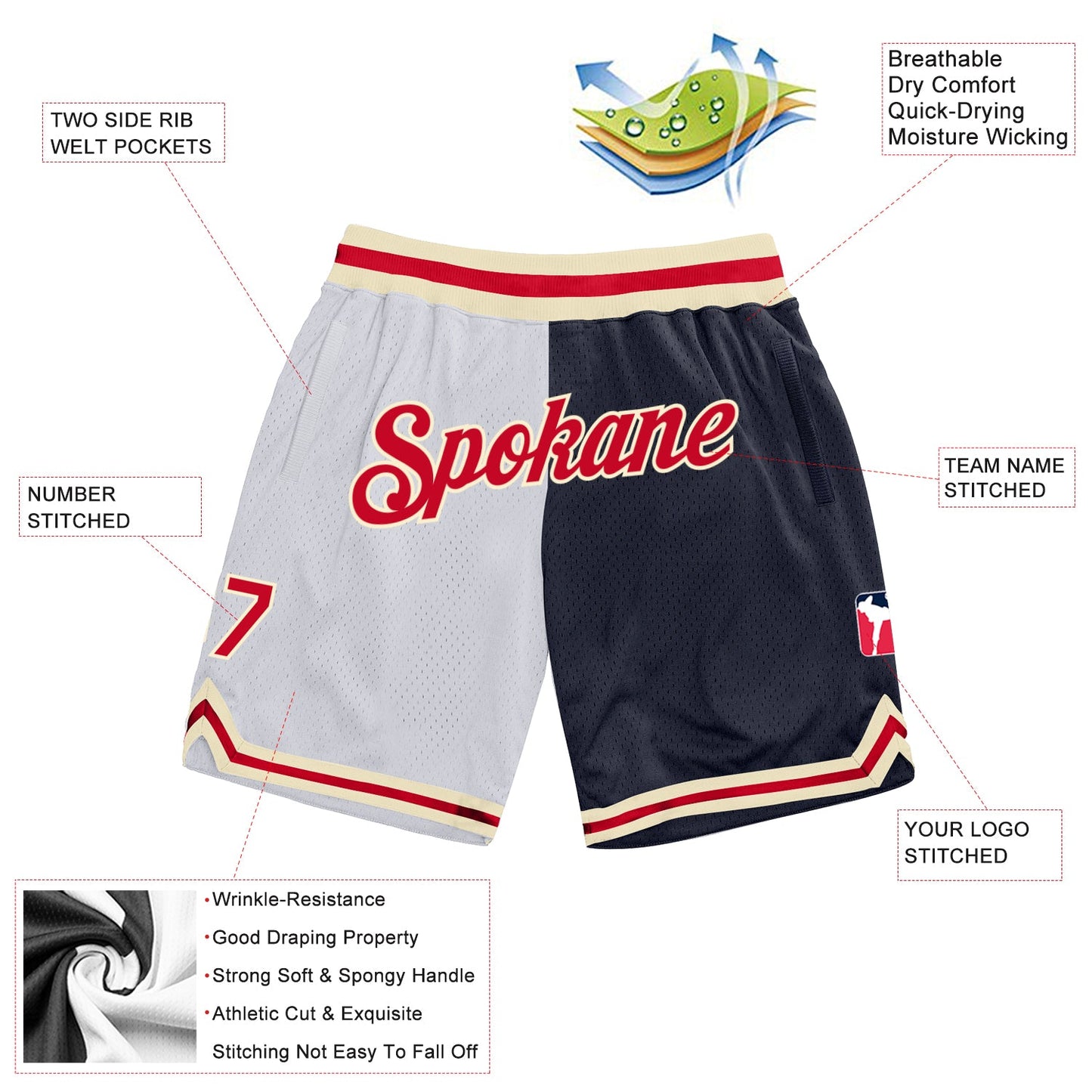 Custom White Red-Navy Authentic Throwback Split Fashion Basketball Shorts view 2